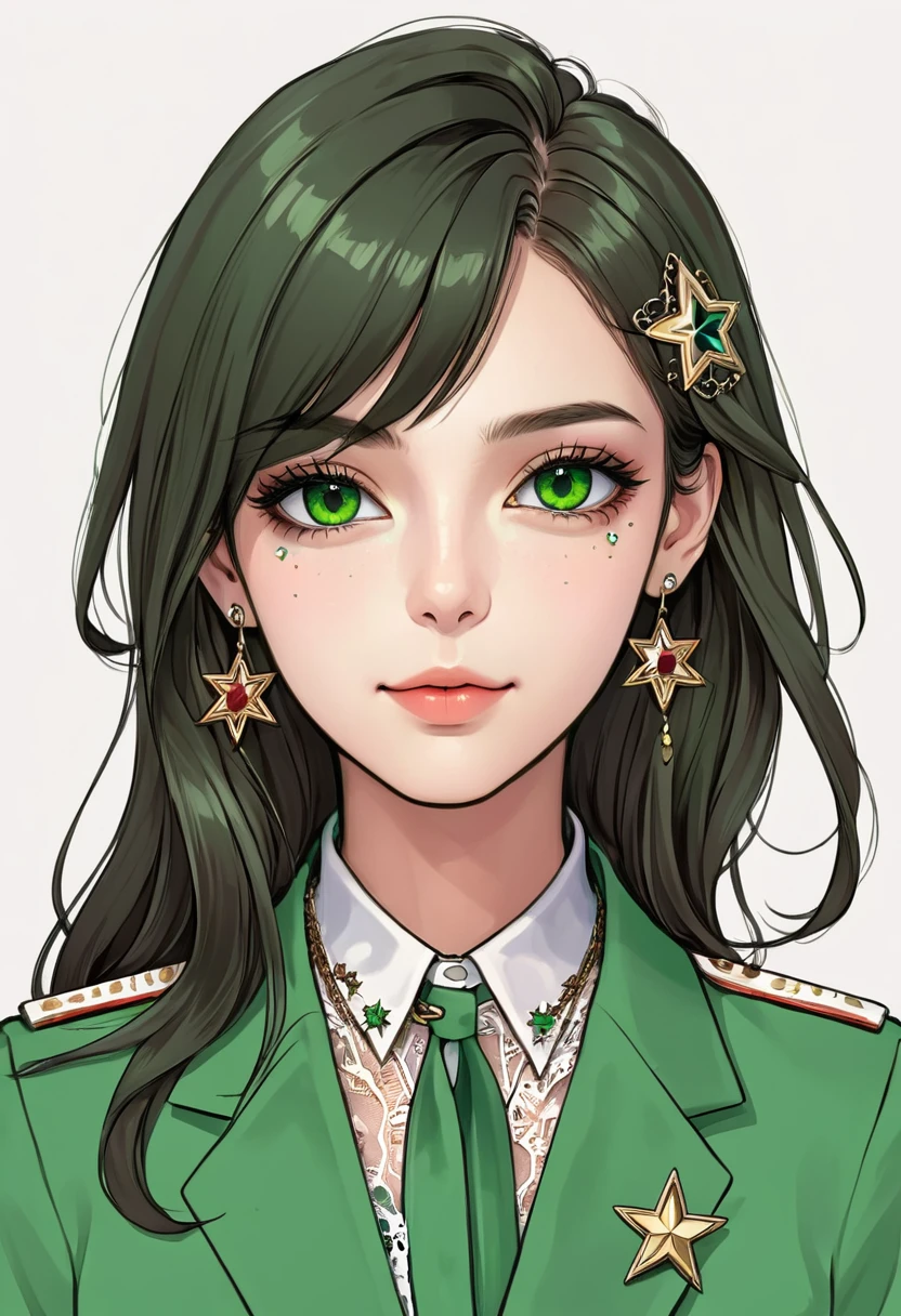 (Digital Illustration，Detailed anime style girl portrait，Solitary，symmetry)，(Big colorful eyes，Fashionable and exquisite facial features，Exquisite makeup，Sweet smile，Star symbol mark on cheek，Soulful gaze，)，(Straight long hair，Beautiful hairstyle，Hairpin)，(White high collar lace shirt，Green suit，Epaulettes-Chain，cool，)，Clean and simple white background，(((Correct human anatomy)))