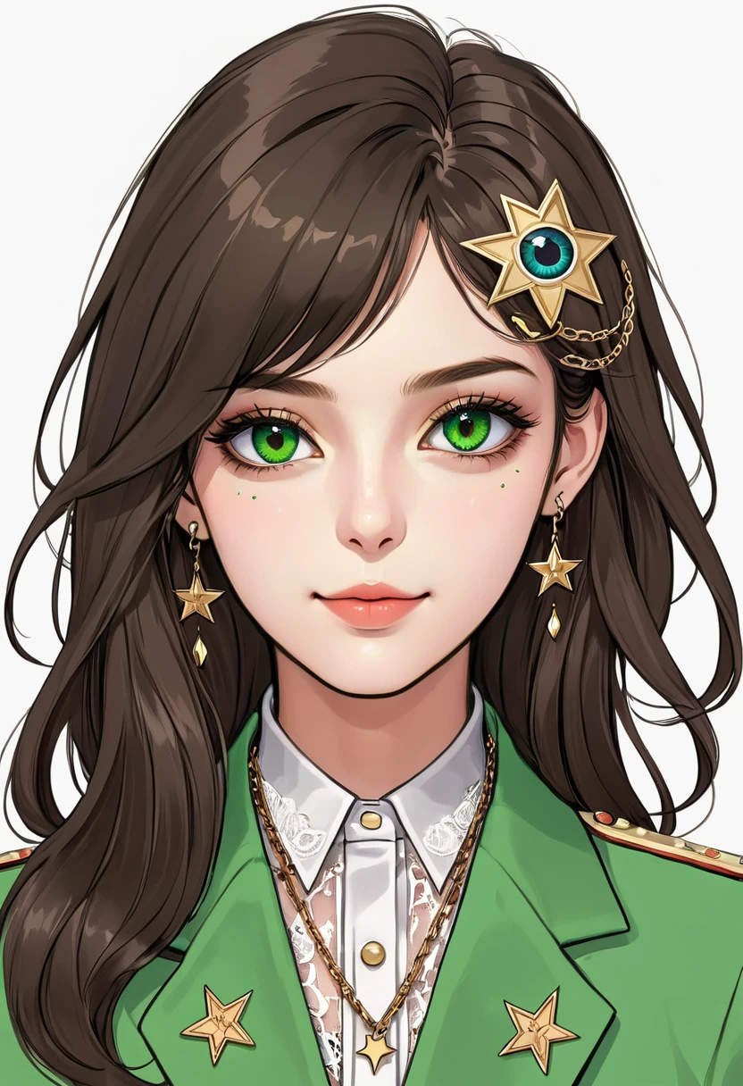 (Digital Illustration，Detailed anime style girl portrait，Solitary，symmetry)，(Big colorful eyes，Fashionable and exquisite facial features，Exquisite makeup，Sweet smile，Star symbol mark on cheek，Soulful gaze，)，(Straight long hair，Beautiful hairstyle，Hairpin)，(White high collar lace shirt，Green suit，Epaulettes-Chain，cool，)，Clean and simple white background，(((Correct human anatomy)))
