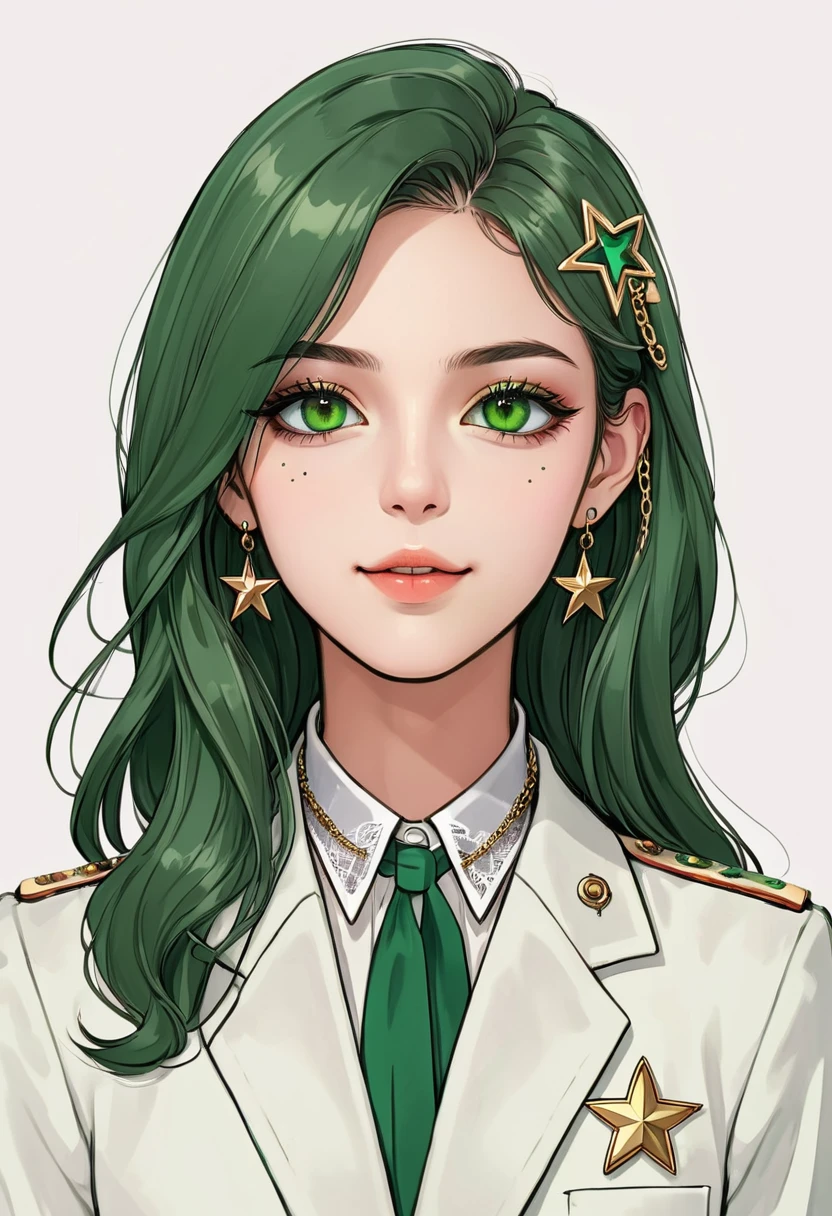(Digital Illustration,Detailed anime style girl portrait,Solitary,symmetry),(Big colorful eyes,Fashionable and exquisite facial features,Exquisite makeup,Sweet smile,Star symbol mark on cheek,Soulful gaze,),(Straight long hair,Beautiful hairstyle,Hairpin),(White high collar lace shirt,Green suit,Epaulettes-Chain,cool,),Clean and simple white background,(((Correct human anatomy)))