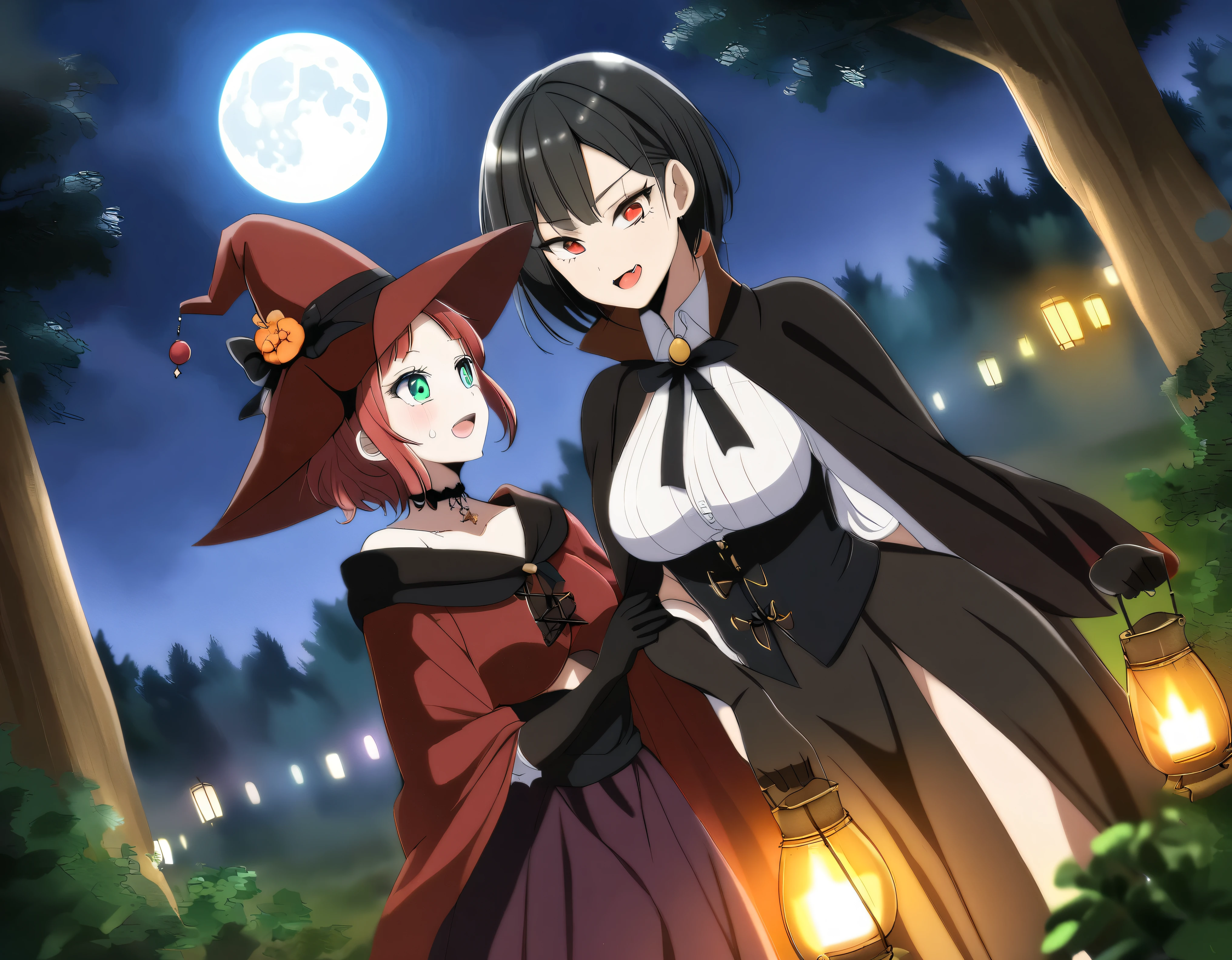A Red haired witch girl with teal eyes and a black haired vampire gir with crimson eyes in a forest under a full moon, both mature