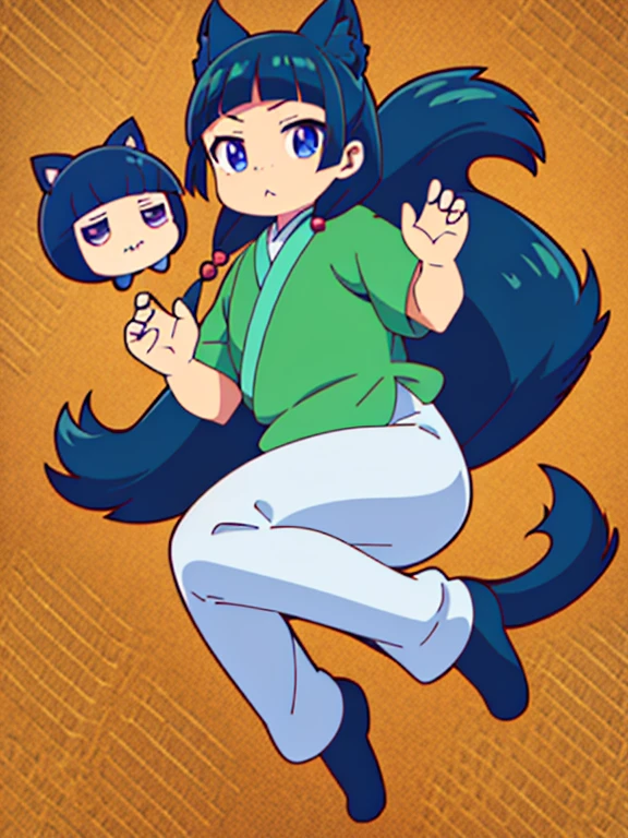 rejas de gato,pelusa de oreja de animal,:3,cola de gato,cat girl,modo kemonomimi, maomao,1 chica,flequillo contundente,pelo verde,pelo largo,blue eyes,solo, gonvverde,cerraduras laterales,trenzas gemelas,pelo sobre el hombro,cuentas para el cabello,medio recogido,single hair bun,Cinta para el pelo,cinta azul,pecas,hanfu,ropa japonesa verde,mangas largas,mangas anchas,falda morada,falda larga,zapatos,, exquisite images, High Definition,Obra maestra,mejor calidad,, 18 years,hembra joven,Hermosos dedos,Hermosas piernas largas,Cuerpo hermoso,hermosa nariz,Beautiful character design, ojos perfectos, perfect rostro,ojos expresivo