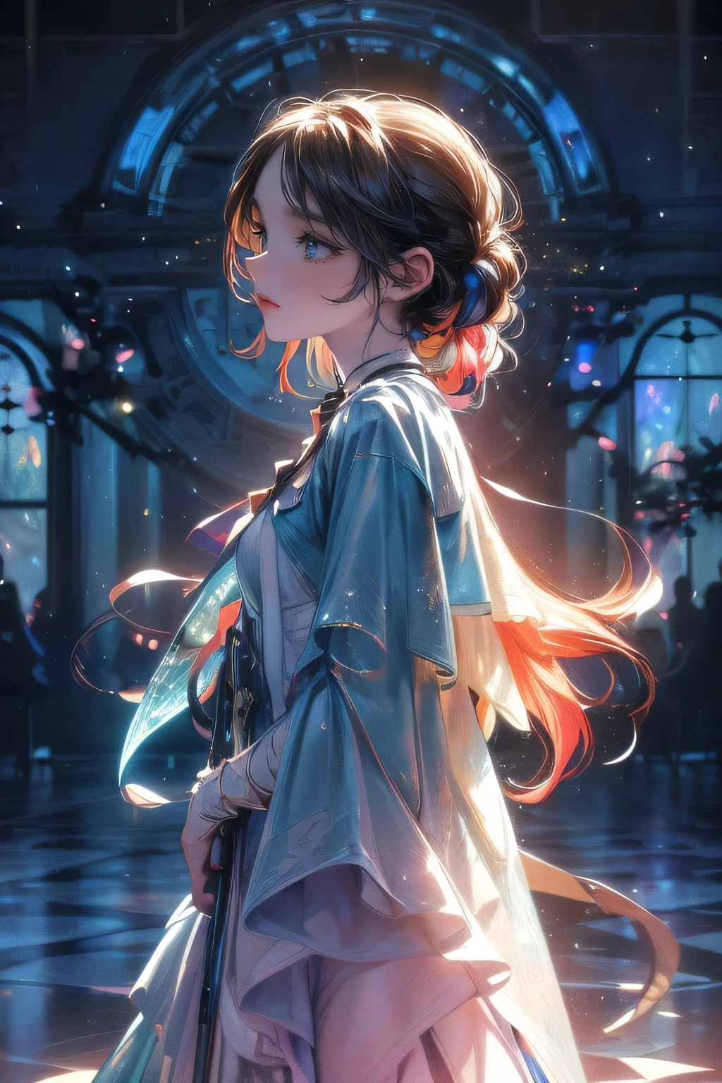 raw photo:1.2, masterpiece, highest quality, 16k, unbelievably absurd, very detailed, perfect beauty, (double exposure vibrant colors silhouette:1.3), (layered vibrant colors silhouette:1.2), (floor garden photo scenery), snowflakes, starry sky with aurora, flowing towel, flowy long hair, (lake:1.2), (realistic photo scenery), (moonlight), (magical girl command with a magic wand),