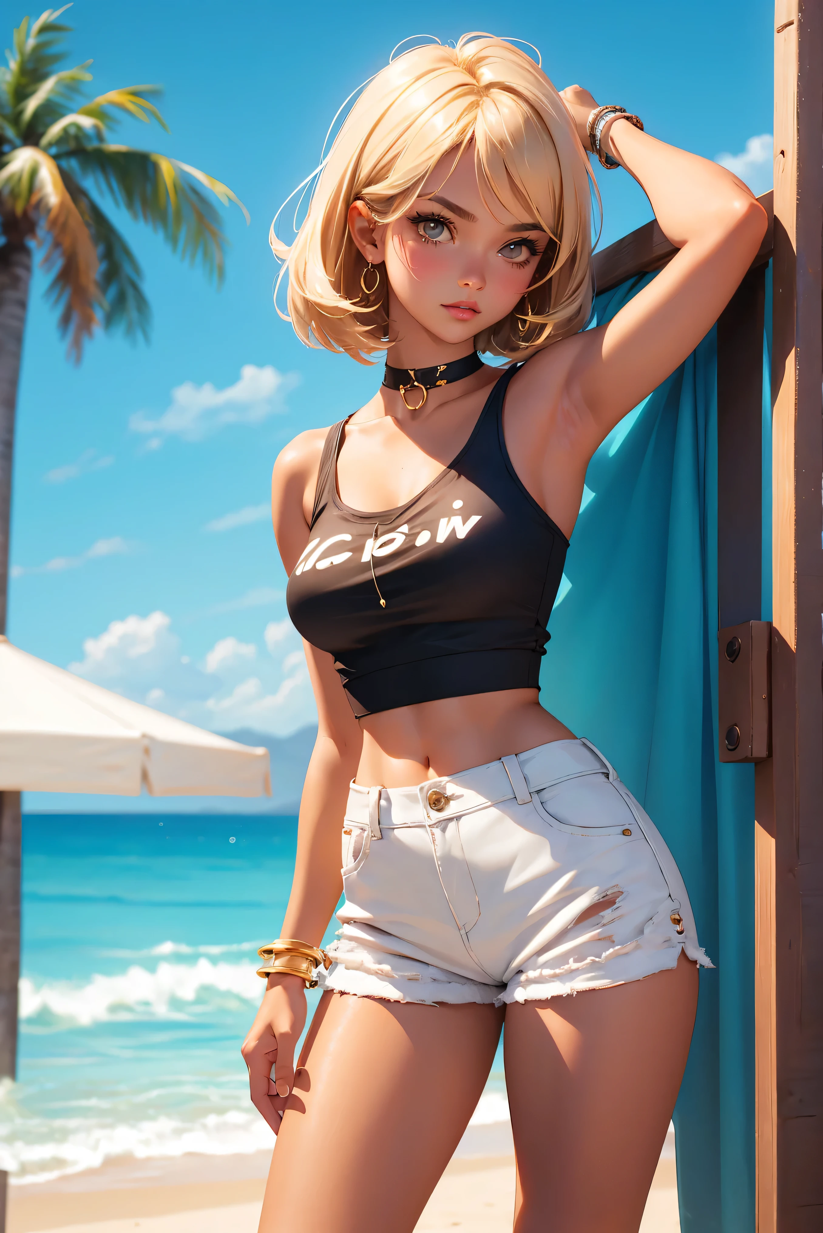 age girl-model 18 years old, beautiful, tanned, blonde, bob hair, bangs, brown eyes, beautiful figure, girl wearing crop shirt and too short mini shorts, beautiful long legs, slave bracelets, slave choker, manicure, cute makeup, flirtatiously posing, hot summer, hot flirty, sexysing, summer outfit, top quality, higest quality, pin-up style, retro 80s style, Daisy Dukes style, Miami vibes, Californian