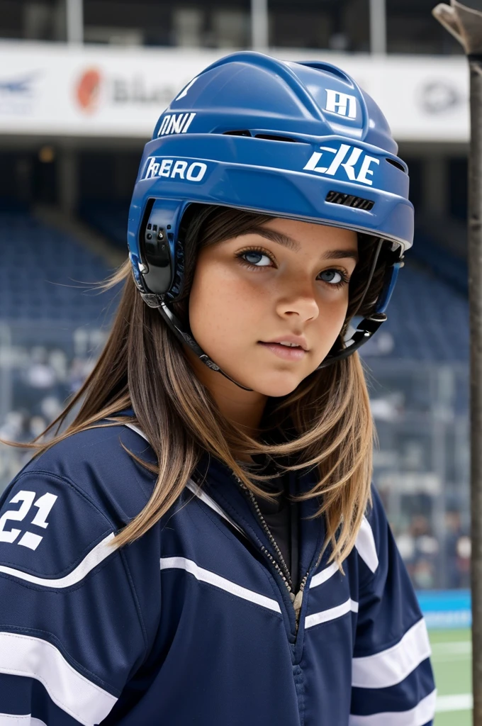 crea una imagen donde muestra a una chica, ( piel clara con ojos miel y cabello negro,) sosteniendo libros  y un chico con un casco de hockey en la mano (a little darker than the girl with blonde hair and blue eyes) (de espaldas el uno al otro, pero girando ligeramente sus cabezas para mirarse de reojo y dd fondo, se ve una mezcla de taquillas escolares y una pista de hockey. Para una portada