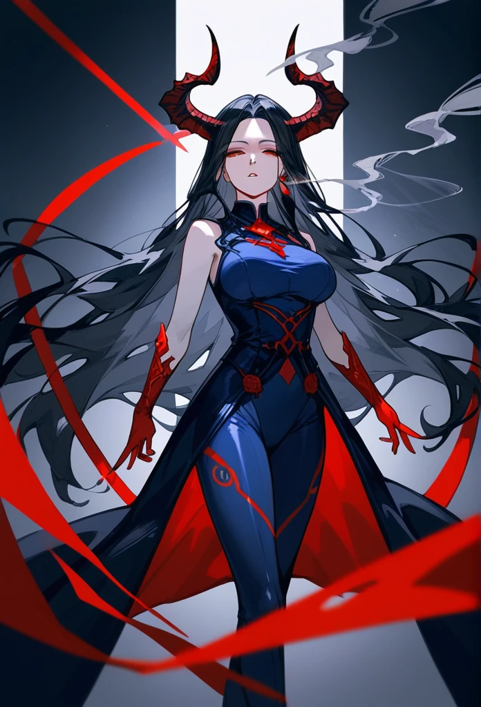 masterpiece, Score_9, Score_8_up, Score_7_up, front view, 1 woman, alone, black hair with red, long hair, parted bangs, dark red eyes, half-closed eyes, parted lips, expressionless, pale skin, large breasts, full body bodysuit, black background, best quality, horns up, long and open bangs, Sleeveless Shirt, With black V-neckline, Castlevania, Smoking