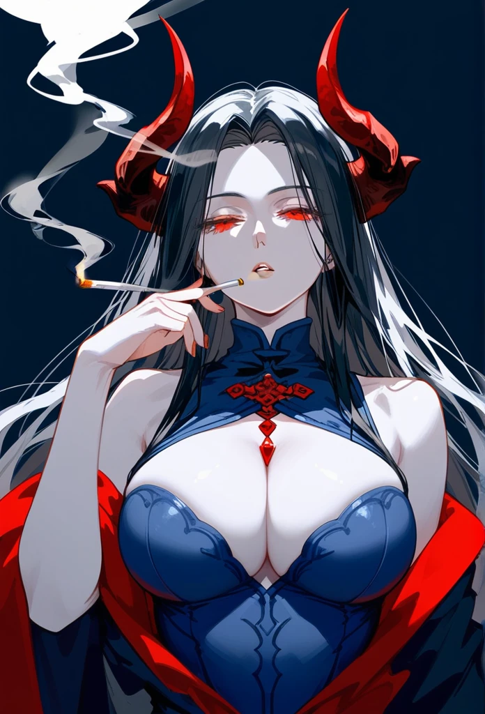 masterpiece, Score_9, Score_8_up, Score_7_up, front view, 1 woman, alone, black hair with red, long hair, parted bangs, dark red eyes, half-closed eyes, parted lips, expressionless, pale skin, large breasts, full body bodysuit, black background, best quality, horns up, long and open bangs, Sleeveless Shirt, With black V-neckline, Castlevania, Smoking