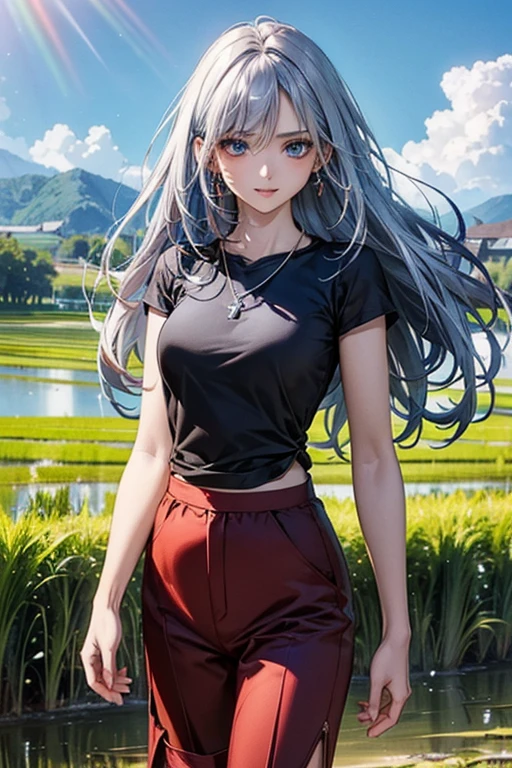 #Basics A girl is posing for a photo, animeのかわいい女の子, (((One Girl, Baby Face, ))),
BREAK
#Clothing Accessories
(Black T-shirt:1.4 + (Knee-length red trousers with wide hems:1.4) + sneakers),
(big silver necklace, Silver earrings),
BREAK
#Features
(Light blue hair:1.4, amount:1.4, Chest-length sideburns, Long Hair : Hair fluttering in the wind + Very long hair + Curly, voluminous hair that spreads out to the sides, White hair band),
(Droopy eyes,blue eyes), (Small breasts),
BREAK
#expression
(smug face, Wicked Smile),
#background environment
((noon, Sunshine + Paddy field + Rural landscape + rainbow)),
#composition
(Face the viewer:1.4, Aggressive Pose, Cowboy Shot:1.4),
BREAK
#Body parts elements
(Beautiful Hair,Shiny Hair),
(double eyelid, Long eyelashes),
(Expression of fine eyes, Beautiful and delicate eyes, Sparkling eyes, Eye Reflexes),
(Human Ear),
(Beautiful Nose, Thin Nose),
(Glossy lips, Beautiful Lips, Thick lips), (Symmetrical facial features),
(Detailed skin, Textured skin, Beautiful Skin),
BREAK
#Quality
(((Highest quality)), ((masterpiece)), ((Very detailed))), ((High resolution), (16k,1080p)),
(Realistic), (Anatomically correct),
((comics, anime)), (3DCG), CG illustration,