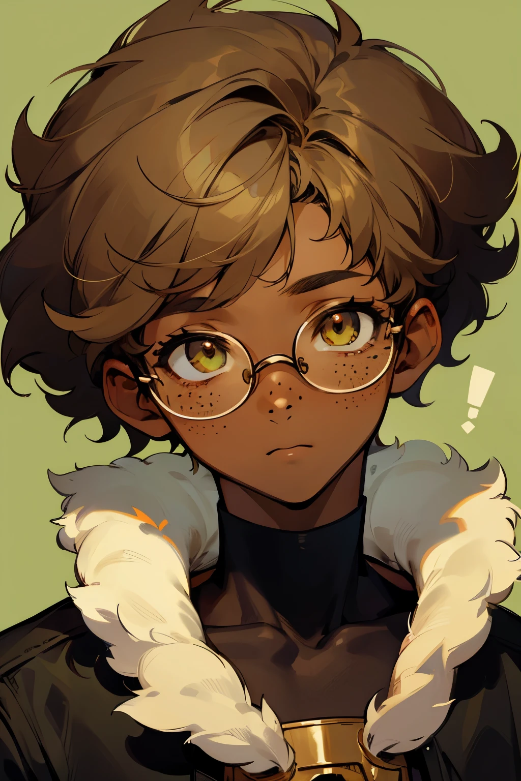 Brown skinned boy with fluffy hair, greenish hazel eyes, lots of freckles, and glasses.