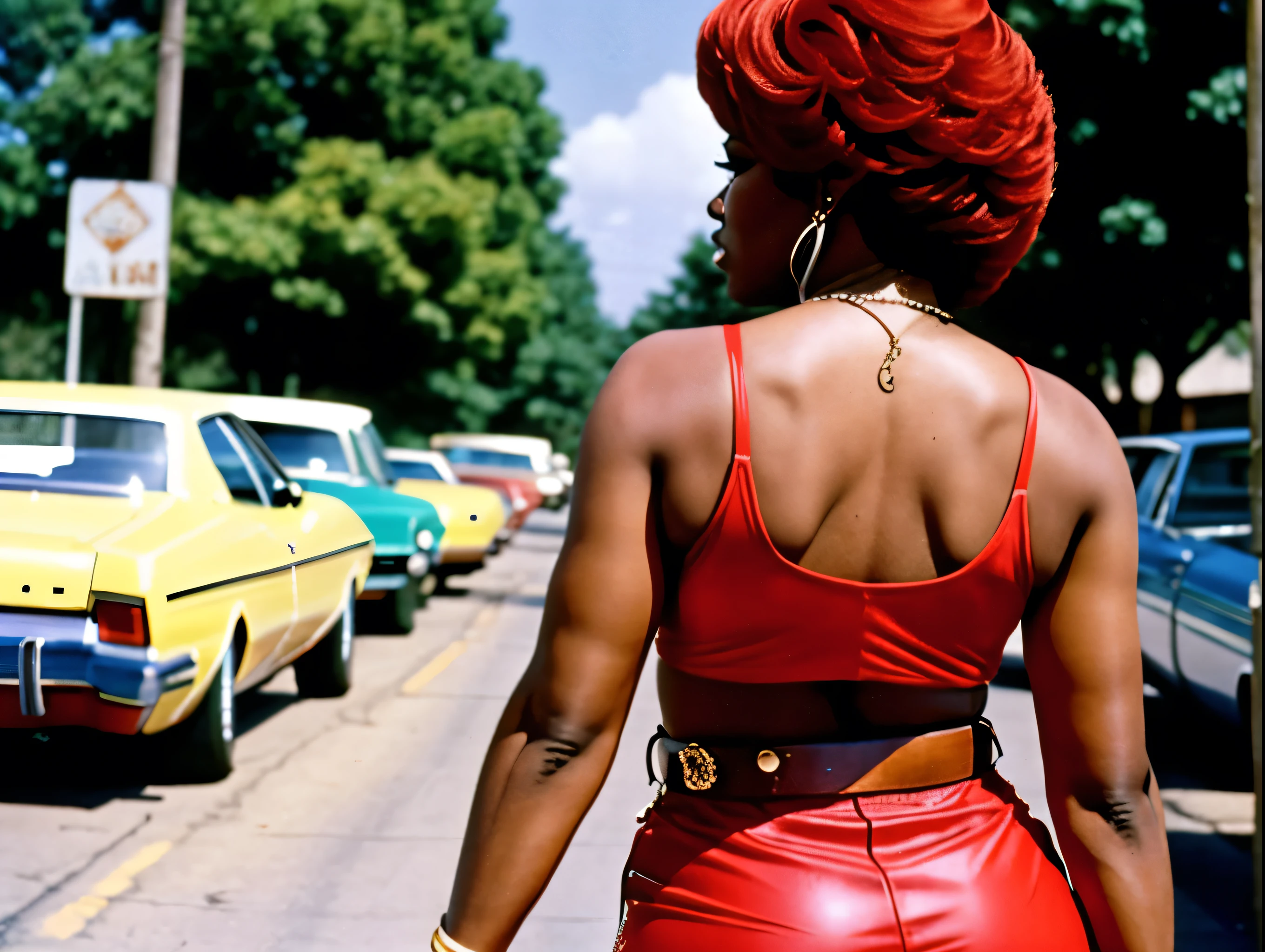 1970s photo of African-American female rapper "Sexyy Red" wearing 1970s attire, from behind