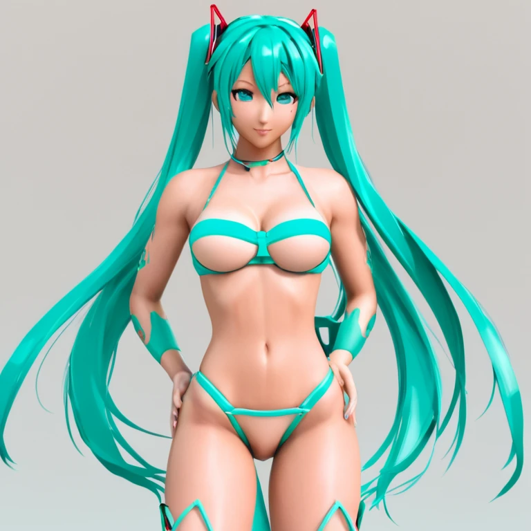 Make the character Hatsune Miku very sexy and provocative in a bikini, 8k, high quality, perfect face, perfect body, perfect hands, perfect muscles, bodybuilder girl, tall girl, perfect girl.