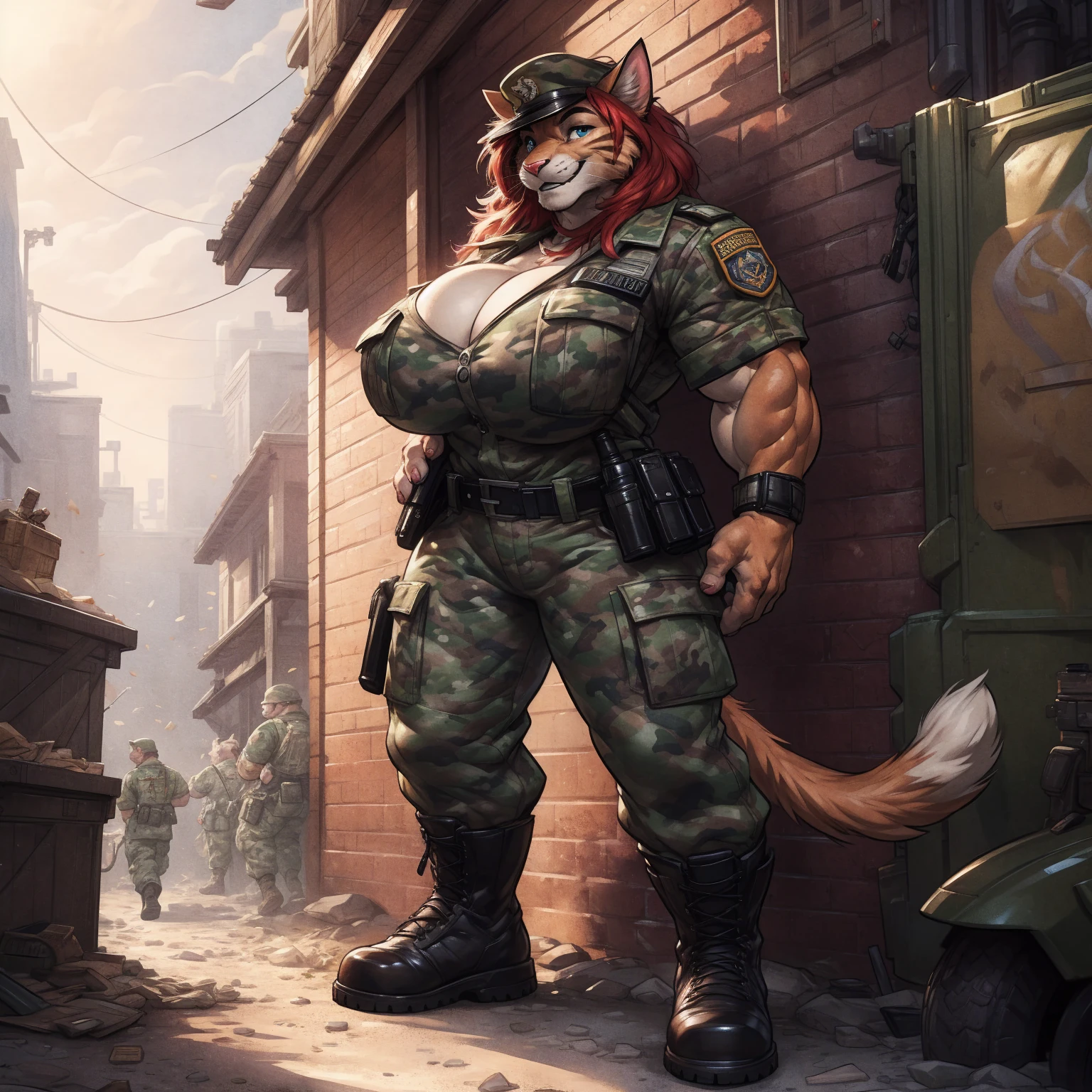 solo, 1girl, feline, cat girl, female, buff, muscular, huge breasts, highly detailed eyes, Amazon, wearing camouflage_uniform, (urban uniform:1.2), military camp, rolled sleeves, shirt, trousers, cleavage, standing upright, combat boots, full body, smiling, friendly, looking at viewer, realistic lighting, by darkgem, by wfa, by bng,