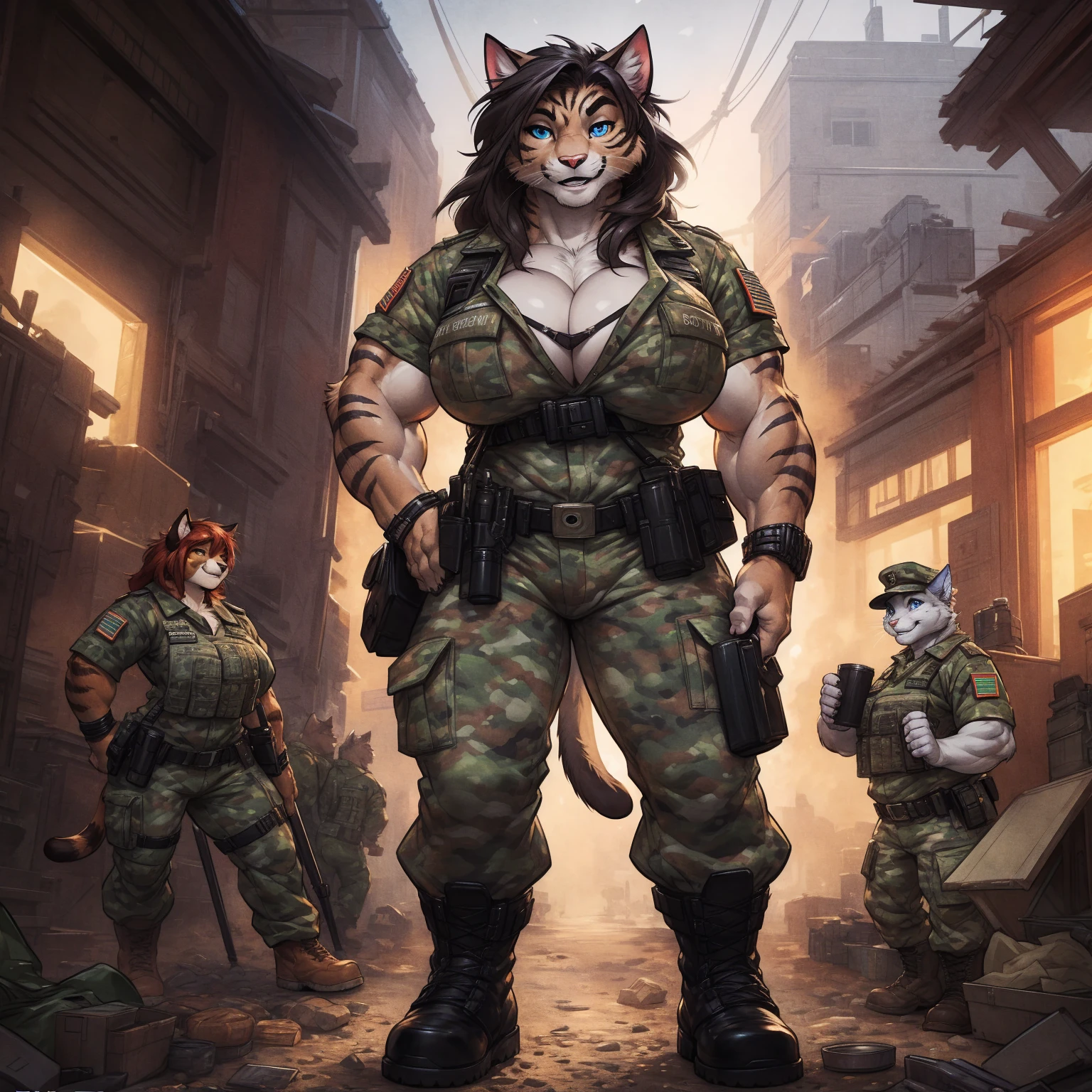 solo, 1girl, feline, cat girl, female, buff, muscular, huge breasts, highly detailed eyes, Amazon, wearing camouflage_uniform, (urban uniform:1.2), military camp, rolled sleeves, shirt, trousers, cleavage, standing upright, combat boots, full body, smiling, friendly, looking at viewer, realistic lighting, by darkgem, by wfa, by bng,