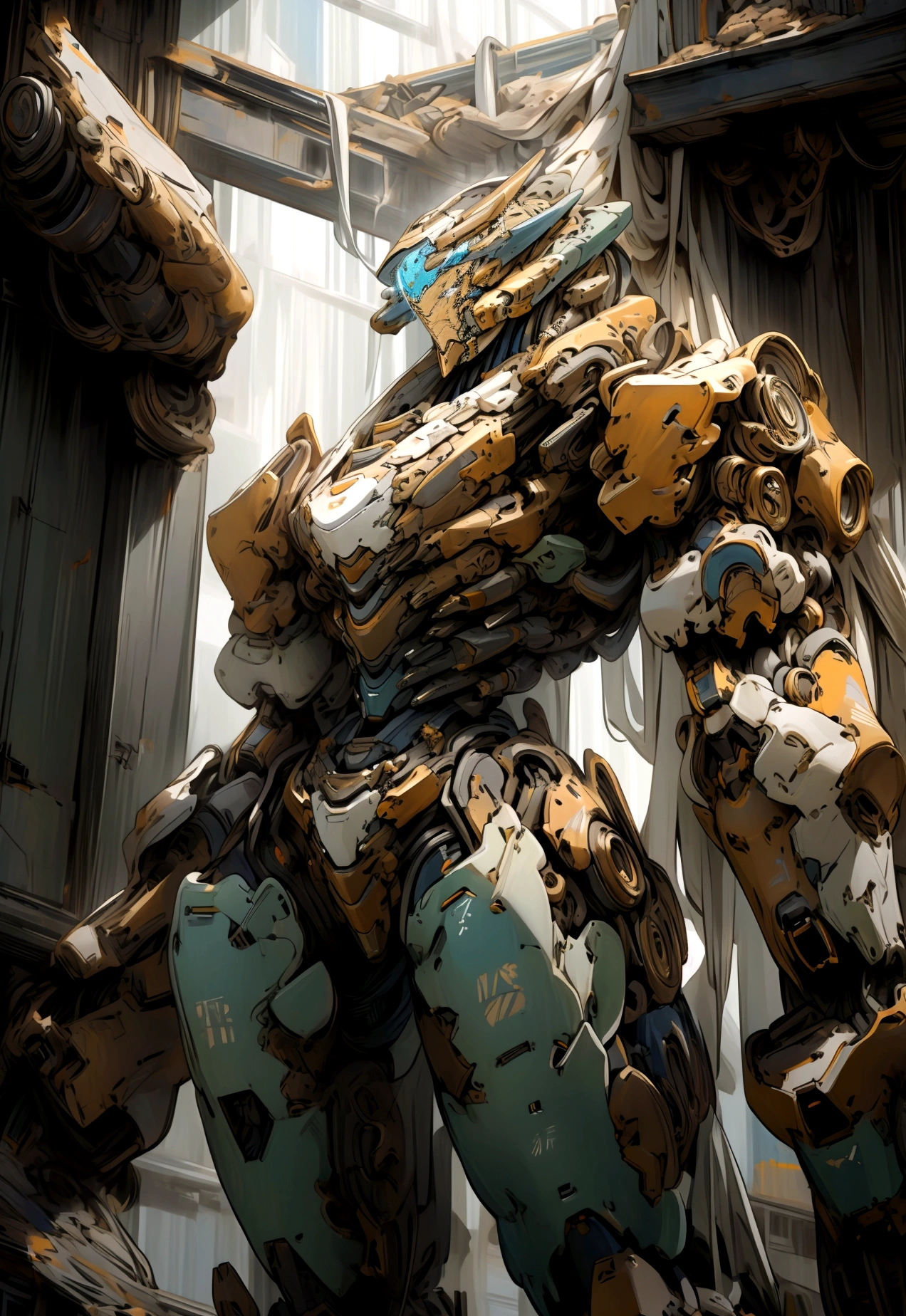 ((Masterpiece, best quality)),HD, high resolution, intricate details,shitu-mecha,1 giant robot, 1 mech girl, ruins, broken building fragments, standing, flowing, cold, firm, determined, confident, sense of tension, dramatic effect, powerful image,Blue and white tones theme.