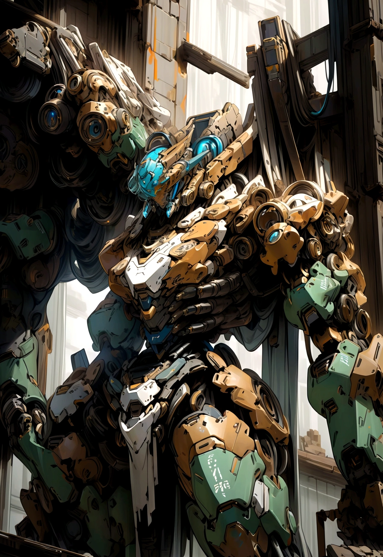 ((Masterpiece, best quality)),HD, high resolution, intricate details,shitu-mecha,1 giant robot, 1 mech girl, ruins, broken building fragments, standing, flowing, cold, firm, determined, confident, sense of tension, dramatic effect, powerful image,Blue and white tones theme.