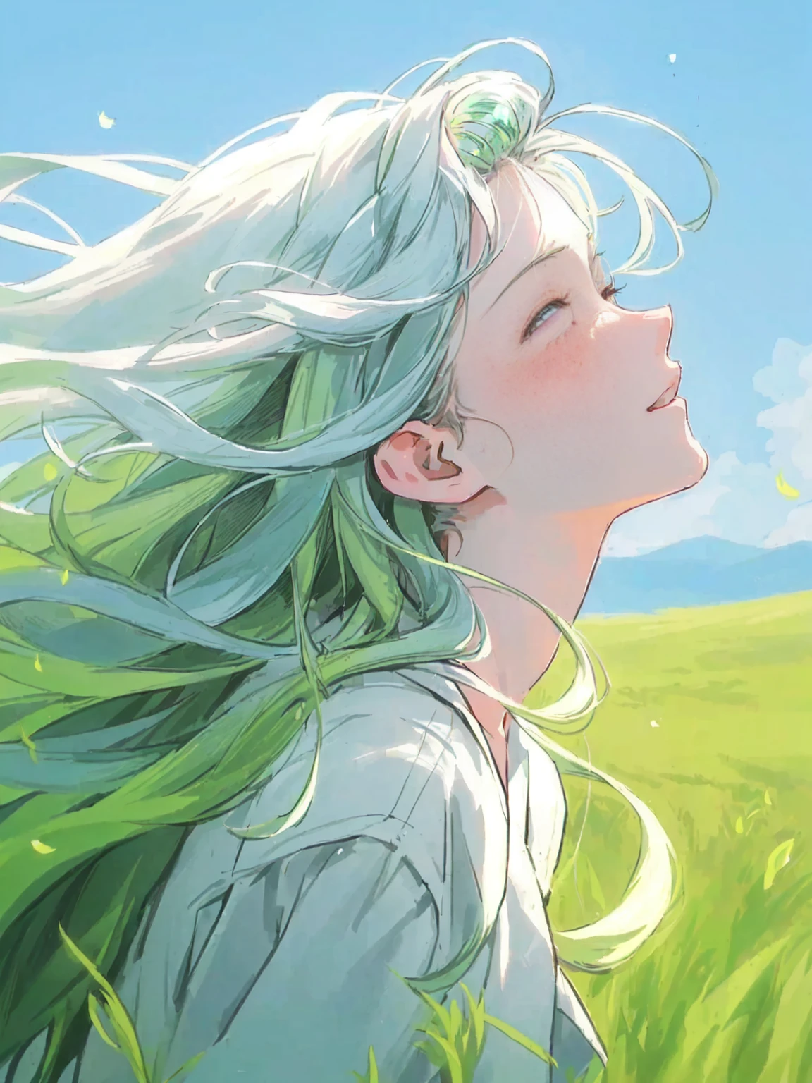 japanese cartoon movies, girl, grass, eye, hair, eye closed, eye closed, Beautiful Young Wind Spirit, beautiful japanese cartoon movies portrait, wind blowing and hair flowing, green flowing hair, wind blowing hair, beautiful illustration painting, digital japanese cartoon movies illustration, beautiful japanese cartoon movies artwork, Beautiful digital illustration, hair blowing the wind, beautiful japanese cartoon movies art, japanese cartoon movies girl with long hair