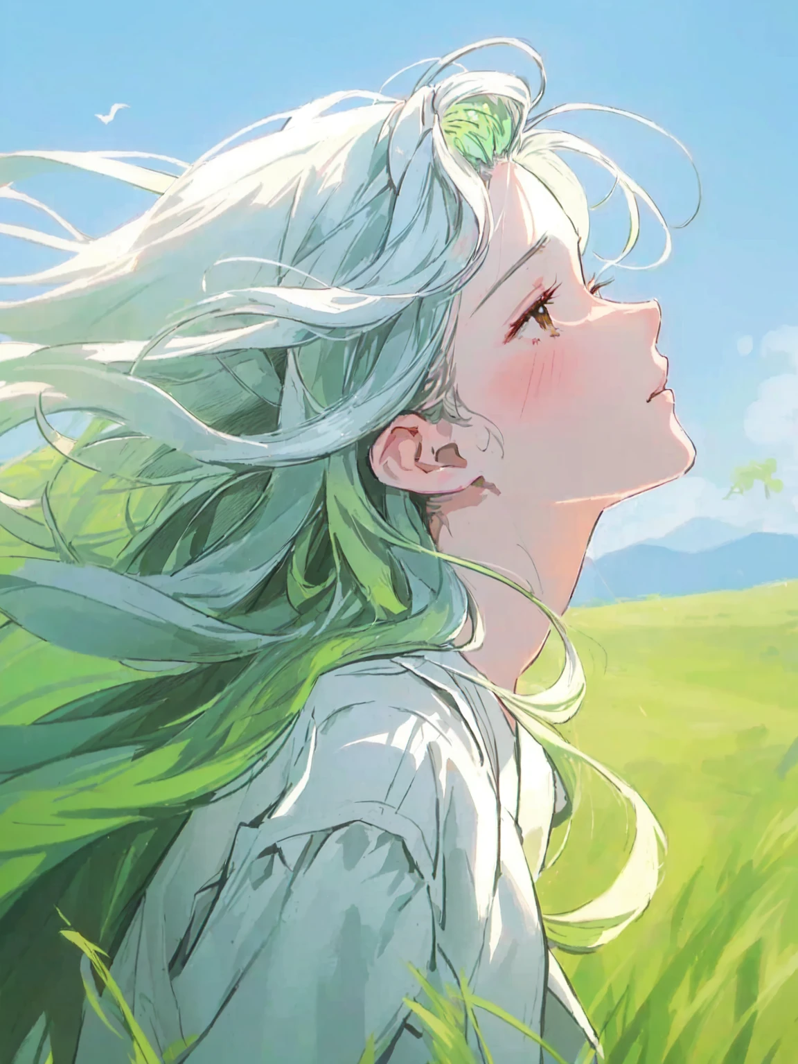 japanese cartoon movies, girl, grass, eye, hair, eye closed, eye closed, Beautiful Young Wind Spirit, beautiful japanese cartoon movies portrait, wind blowing and hair flowing, green flowing hair, wind blowing hair, beautiful illustration painting, digital japanese cartoon movies illustration, beautiful japanese cartoon movies artwork, Beautiful digital illustration, hair blowing the wind, beautiful japanese cartoon movies art, japanese cartoon movies girl with long hair