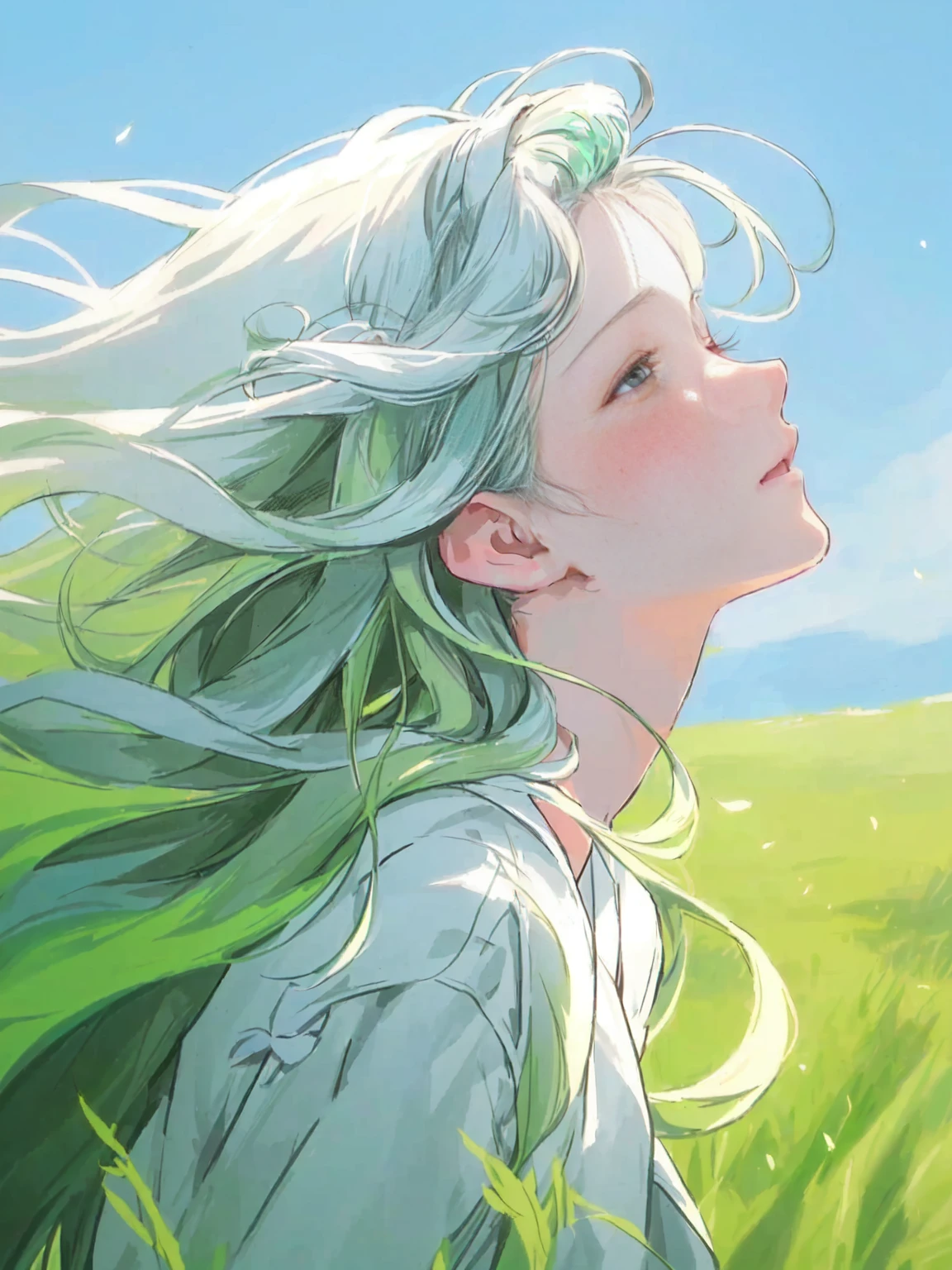 japanese cartoon movies, girl, grass, eye, hair, eye closed, eye closed, Beautiful Young Wind Spirit, beautiful japanese cartoon movies portrait, wind blowing and hair flowing, green flowing hair, wind blowing hair, beautiful illustration painting, digital japanese cartoon movies illustration, beautiful japanese cartoon movies artwork, Beautiful digital illustration, hair blowing the wind, beautiful japanese cartoon movies art, japanese cartoon movies girl with long hair