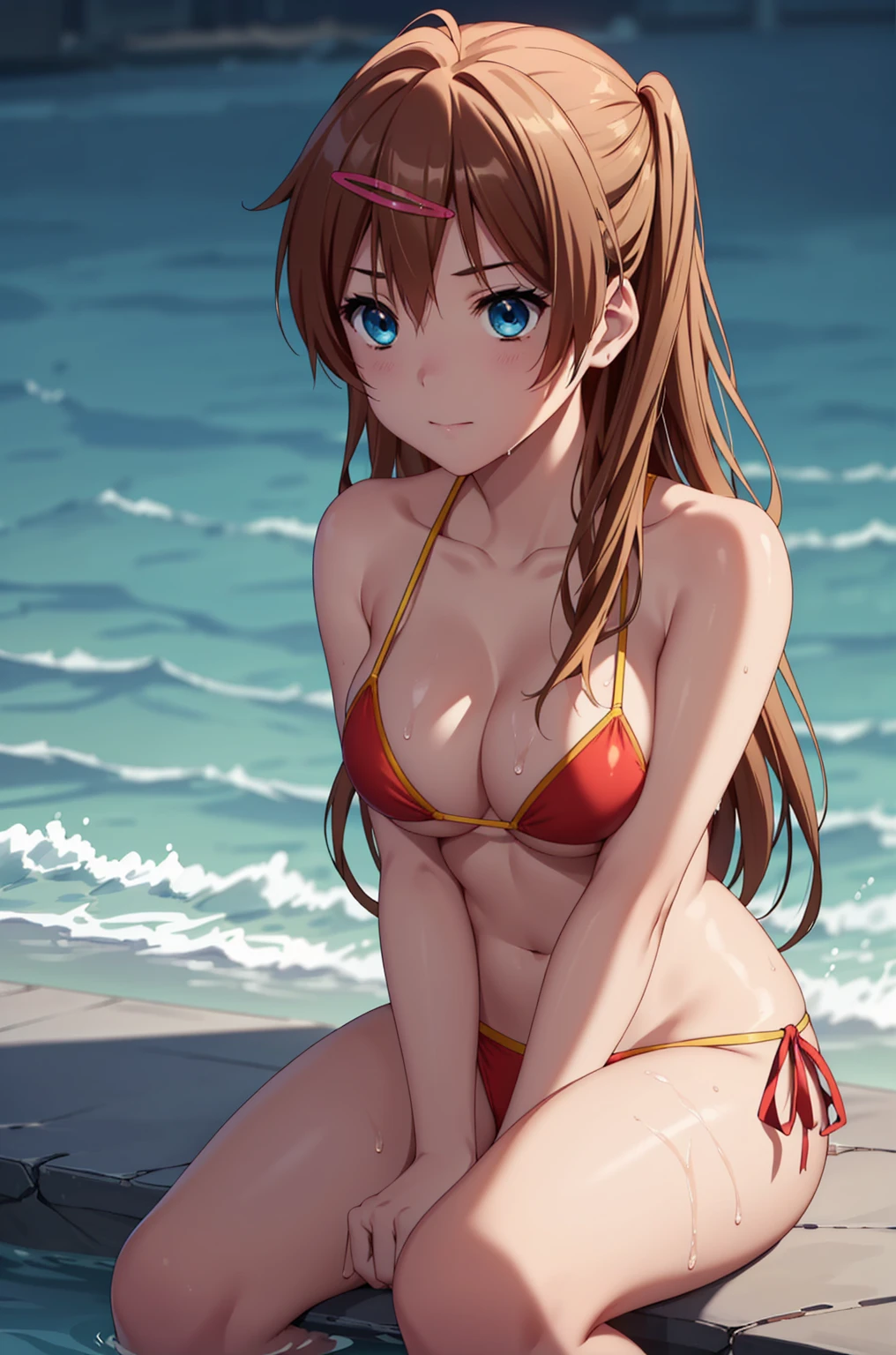((masterpiece, Highest quality, High resolution, UHD, Pixel perfect, Depth of written boundary, 4K, rtx, HDR)), 1 Girl, single, alone, 24-years-old, Beautiful Anime Girls, Beautiful art style, anime character, ((Parted bangs, Brown Hair)), (blue eyes、Round eyes, Delicate eyelashes、Beautiful eyelashes, Perfect Eyes), (Detailed face:1.2), (Smooth texture:0.75, Realistic texture:0.65, Realistic:1.2, Cinematic, Anime CG Style), Perfect body, Ocean:1.3、Moderately good breasts:1.7、Red Micro Bikini Swimsuit:1.8、Visible from the thighs:1.9、Wet、Water Drop、Splash、nsfw、visible from below、Sitting、Crossing your legs