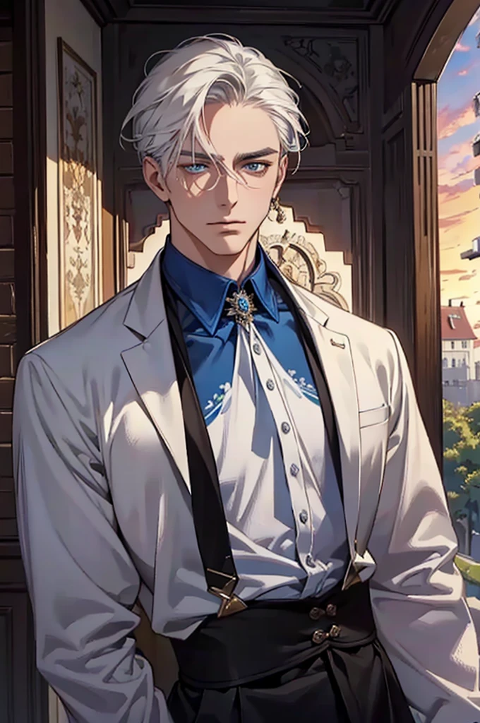 ((masterpiece:1.2, Best quality)), 4k, adult, European face, 1 person, male, mature, masculine, Beautiful, very tall, Muscles, broad shoulders, dark casual wear, White skin, medium white hair, Blue eyes, portrait, sunset, old house with apple trees.
