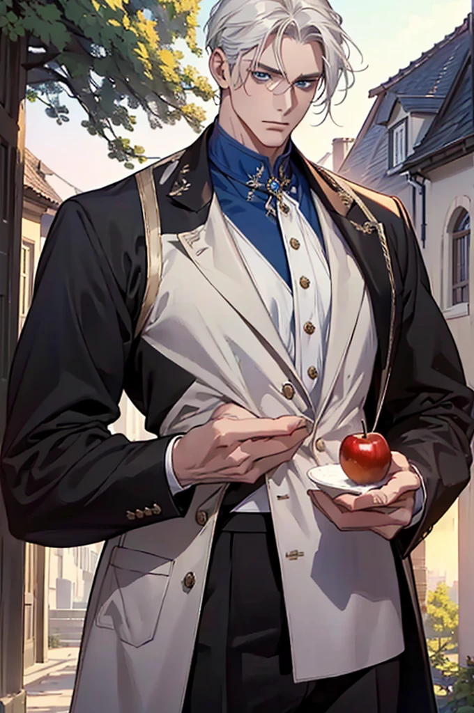 ((masterpiece:1.2, Best quality)), 4k, adult, European face, 1 person, male, mature, masculine, Beautiful, very tall, Muscles, broad shoulders, dark casual wear, White skin, medium white hair, Blue eyes, portrait, sunset, old house with apple trees.