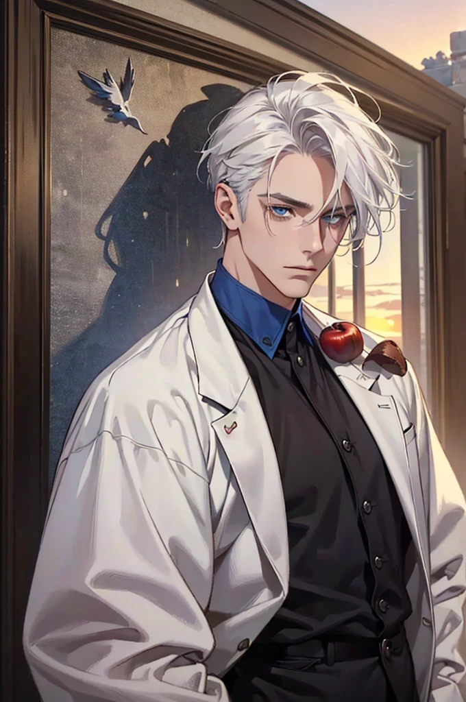 ((masterpiece:1.2, Best quality)), 4k, adult, European face, 1 person, male, mature, masculine, Beautiful, very tall, Muscles, broad shoulders, dark casual wear, White skin, medium white hair, Blue eyes, portrait, sunset, old house with apple trees. 
