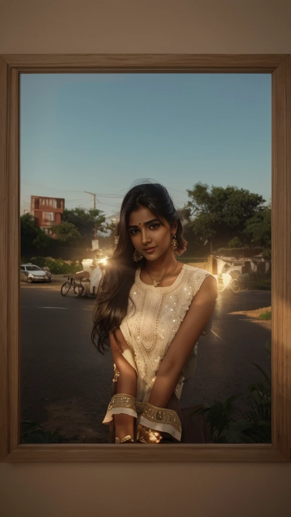Half-body portrait of an 27-year-old indian girl, palak kushwaha, with a blonde ponytail, natural skin texture, perfect eyes, small brown eyes, warm lighting, soft shadows, low contrast, wearing a sleeveless white top. The image is a masterpiece, award-winning, photorealistic, highly detailed, with cinematic lighting, showcasing her natural beauty, delicate features, ethereal presence, smiling, and elegant.