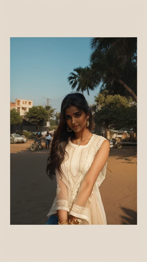 Half-body portrait of an 27-year-old indian girl, palak kushwaha, with a blonde ponytail, natural skin texture, perfect eyes, small brown eyes, warm lighting, soft shadows, low contrast, wearing a sleeveless white top. The image is a masterpiece, award-winning, photorealistic, highly detailed, with cinematic lighting, showcasing her natural beauty, delicate features, ethereal presence, smiling, and elegant.
