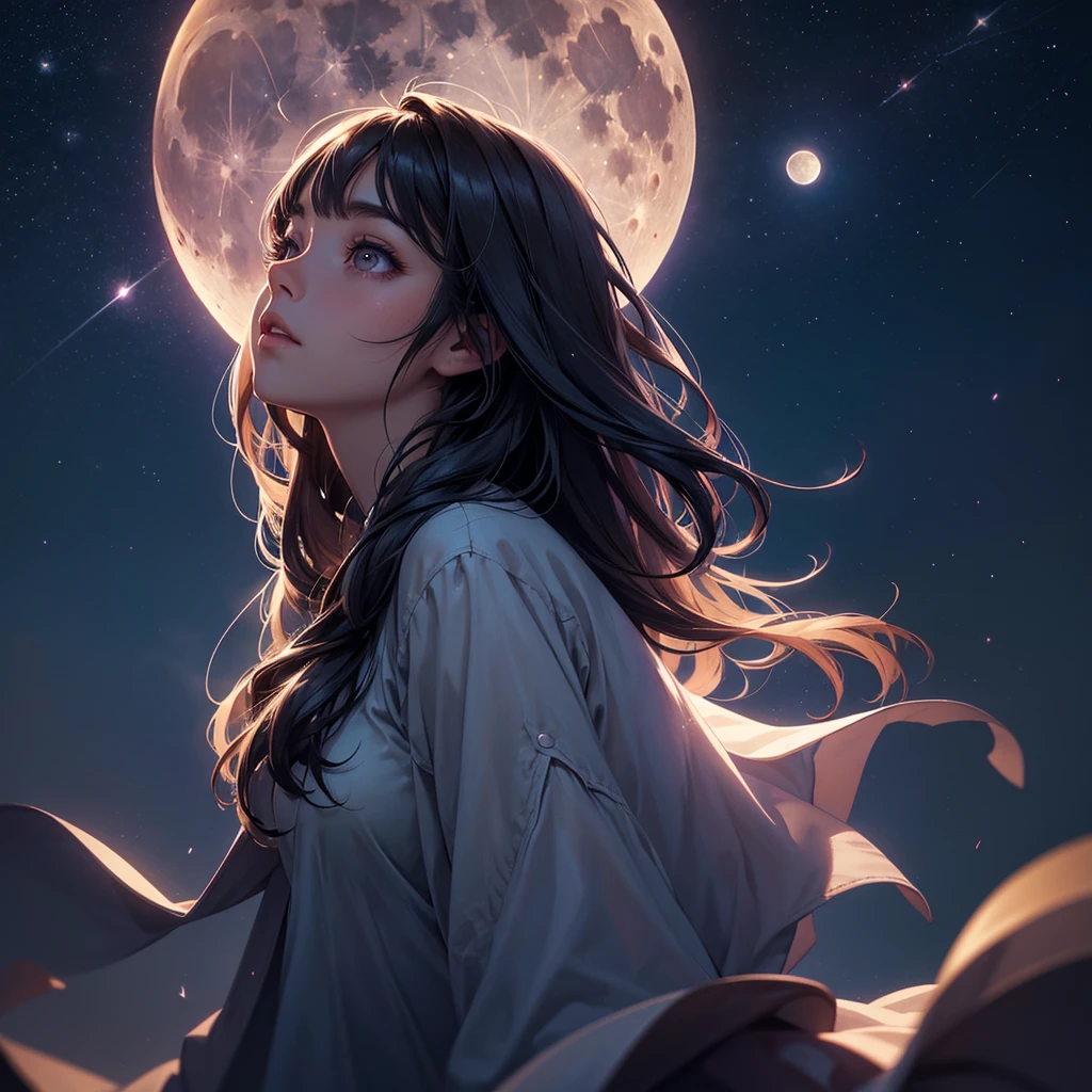 a beautiful night sky, full moon, moonlight, twinkling stars, 1girl looking up at the sky, long dark hair, dreamy expression, soft lighting, muted colors, atmospheric, cinematic, hyper detailed, intricate, photorealistic, masterpiece, 8k