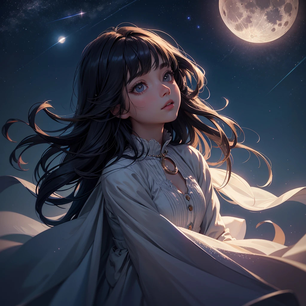a beautiful night sky, full moon, moonlight, twinkling stars, 1girl looking up at the sky, long dark hair, dreamy expression, soft lighting, muted colors, atmospheric, cinematic, hyper detailed, intricate, photorealistic, masterpiece, 8k