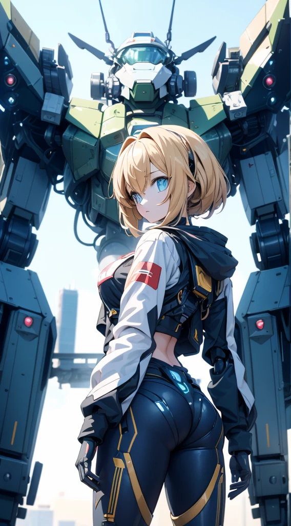Girl standing in front of the mecha，Mech pilot，Rounded curves of the mecha，Mecha Background，Mechanical style background，Girl in tights standing in front of mecha，Girl standing in front of a mecha，Behind the girl is a huge mecha，Standing in front of the mech，The girl in tights stands in front of the tall mecha，Behind the girl in tights is a mecha，女孩Standing in front of the mech，女孩Standing in front of the mech，Standing in front of the mech的女孩，Mecha Background，The background is a mecha，女孩Close-up above the waist，Tilt view lens，Girl standing under the mecha，Girl close-up from waist up，Close-up above the waist，Upper body close-up