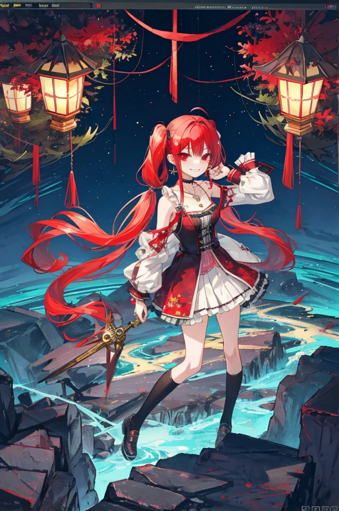 {{Eroge,Game CG,High quality game CG},{{{1girl in}}},{{masutepiece}}, {{{Best Quality}}}, {{Ultra-detailed}}, {{Illustration}},,{{magical }},brooches,,,, {{disheveled hair}},,Big hair, Gradient Hair,Small breasts,,,Dir, {pocket watch},absurdly long hair, Dreadlocks, Red hair, Red hair,Red hair,Gradient Hair,((Evil smile)), v shaped_eyebrows, zettai_ryouiki,,,, floral print and pleated skirt. Add accessories like fringed earrings or a statement necklace.、Complete the look. Gather on the grassland with adventurers,burning city background,((Shoulders and arms are exposed)),(Evil smile),Furious,(Evil smile),(loli girl),(loli g,Jewel-like eyes,(Arms Exposed),((high twintails)),twintails, girl,((full body)),angry,burning city,turn around to look at me,slender body,mini skirt,