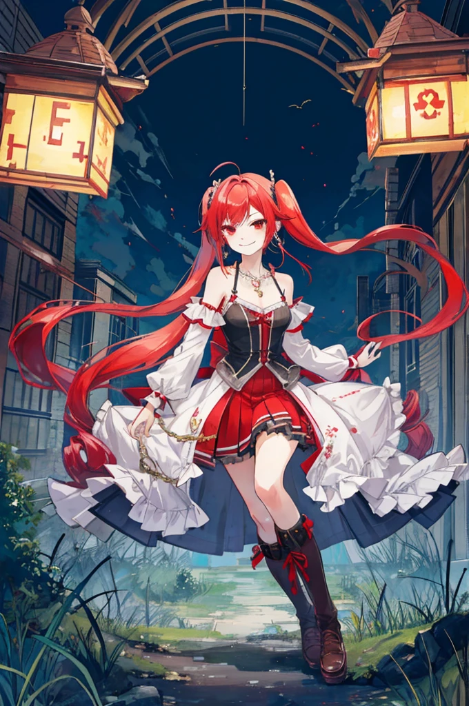 {{Eroge,Game CG,High quality game CG},{{{1girl in}}},{{masutepiece}}, {{{Best Quality}}}, {{Ultra-detailed}}, {{Illustration}},,{{magical little girl}},brooches,,,, {{disheveled hair}},,Big hair, Gradient Hair,Small breasts,,,Drill Hair, {pocket watch},absurdly long hair, Dreadlocks, Red hair, Red hair,Red hair,Gradient Hair,((Evil smile)), v shaped_eyebrows, zettai_ryouiki,,,, floral print and pleated skirt. Add accessories like fringed earrings or a statement necklace.、Complete the look. Gather on the grassland with adventurers,burning city background,((Shoulders and arms are exposed)),(Evil smile),Furious,(Evil smile),(loli girl),(loli girl),Jewel-like red eyes,(Arms Exposed),((high twintails)),twintails, girl,((full body)),angry,burning city,turn around to look at me,slender body,mini skirt,