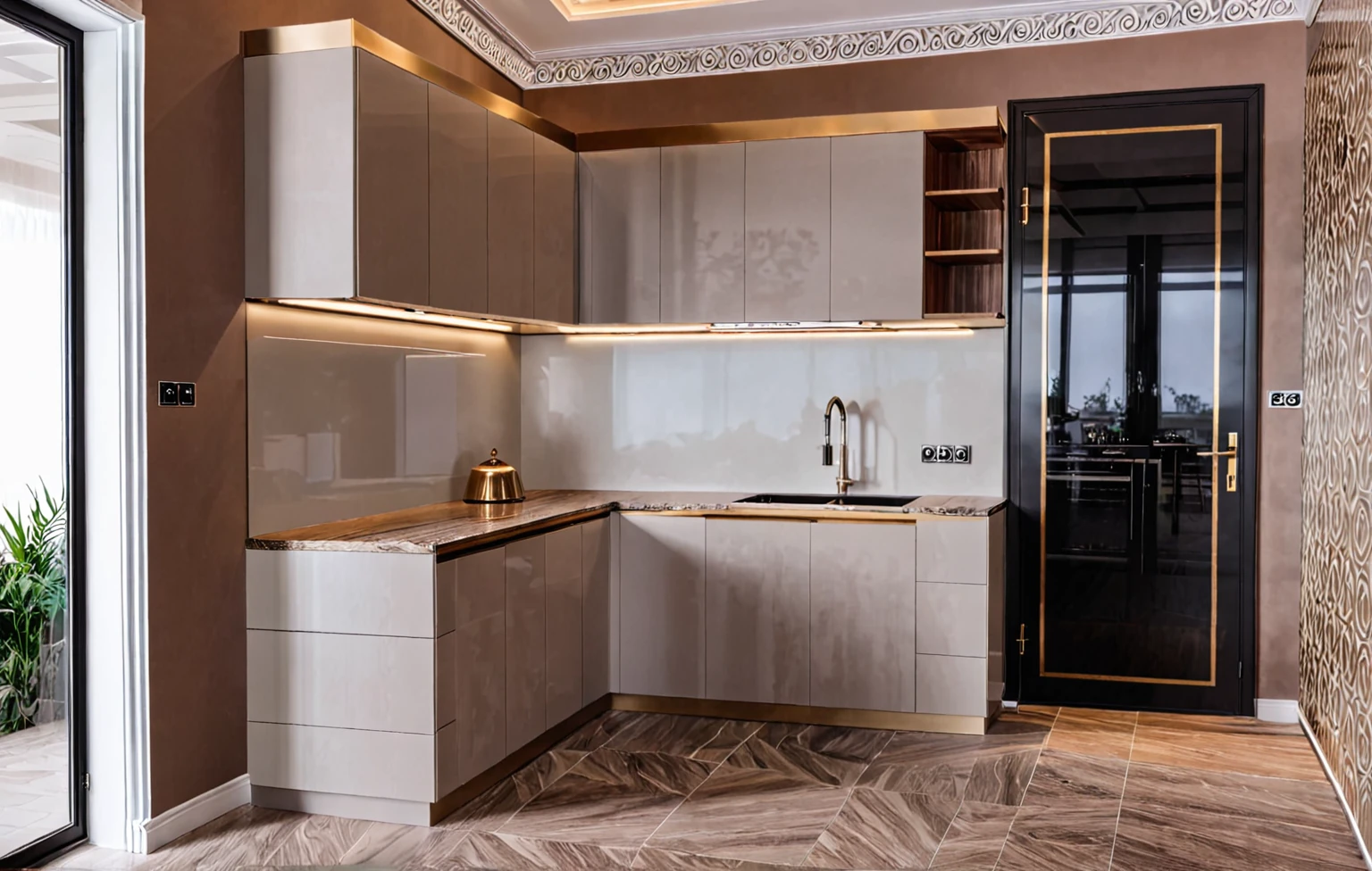 Raw photo,Masterpiece, high quality, best quality, authentic, super detail,
indoors, interior ,aiaigroup, ,kitchen room, kitchen cabinet, modern style, daylight