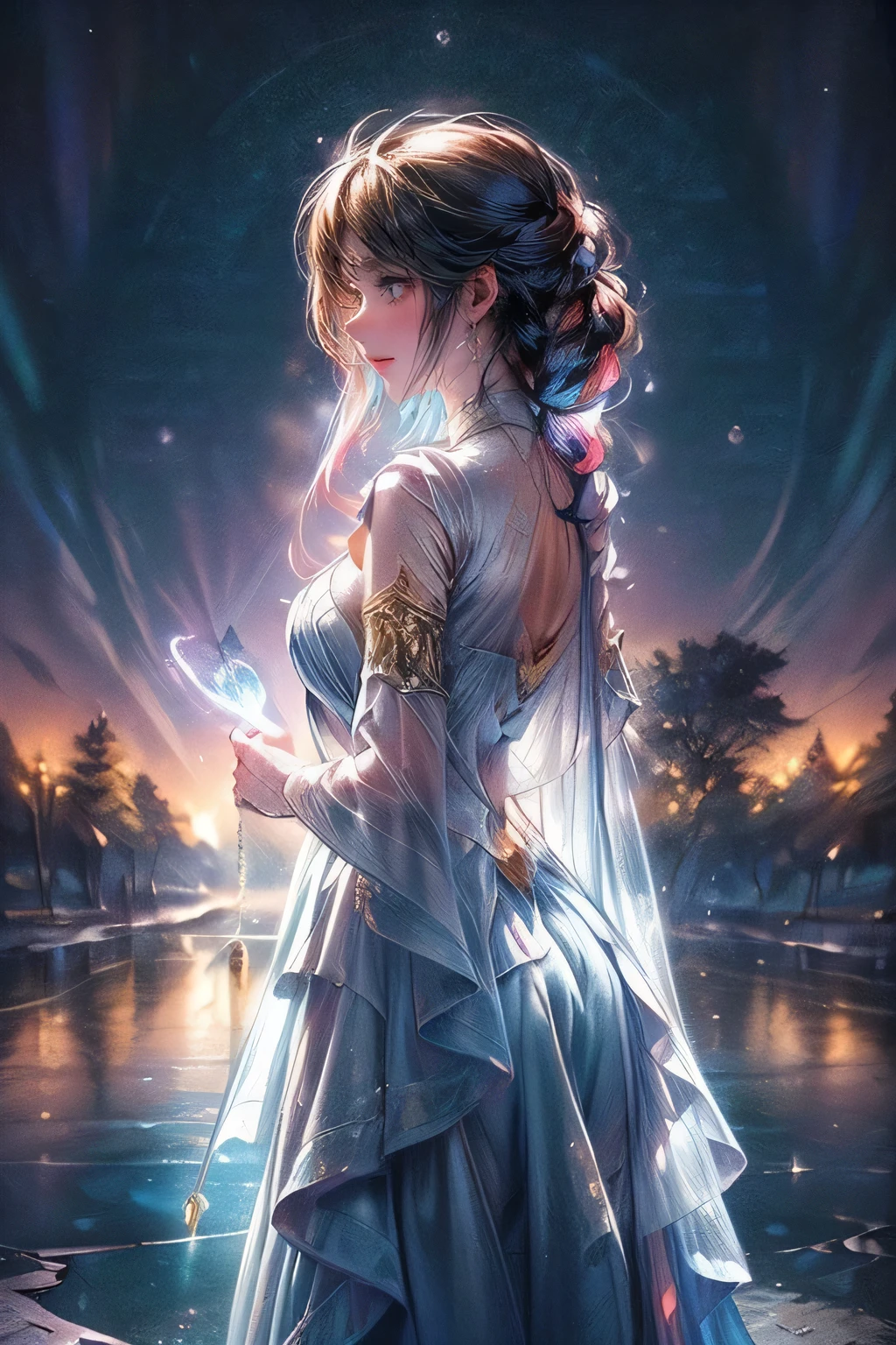 raw photo:1.2, masterpiece, highest quality, 16k, unbelievably absurd, very detailed, perfect beauty, (double exposure vibrant colors silhouette:1.3), (layered vibrant colors silhouette:1.2), (floor garden photo scenery), snowflakes, starry sky with aurora, flowing towel, flowy long hair, (lake:1.2), (realistic photo scenery), (moonlight), (magical girl command with a magic wand), 