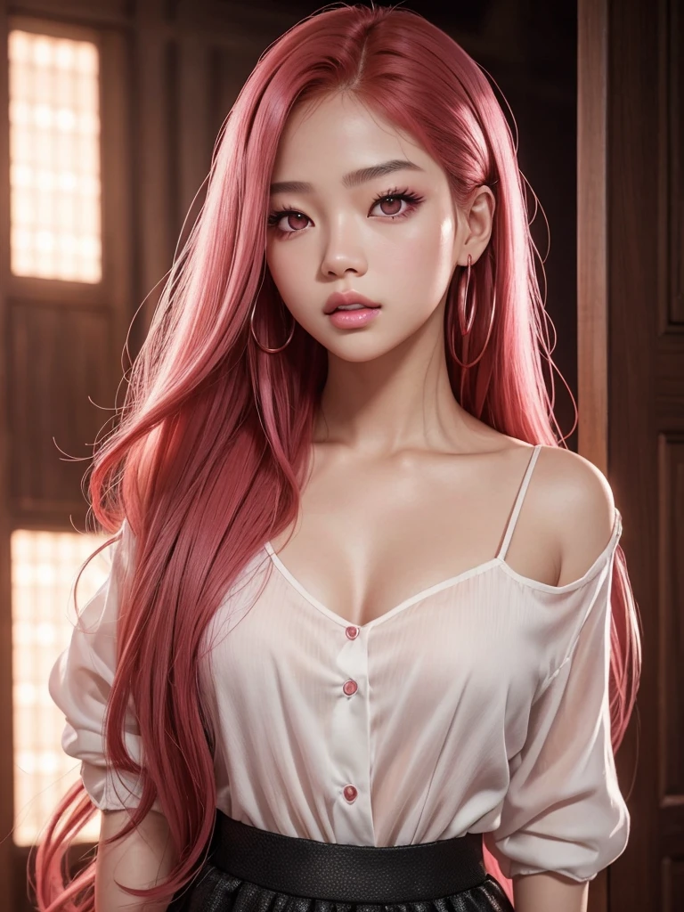 glowing skin, lips, sacimaer detailed skin, Beautiful face and detailed pink eyes, Spotlight, professional lighting, 1 girl, Alone, long hair, wearing a cute outfit, natural pose, lips, indoor, realistic, I want the whole image be created, face and body of blackpink's Jennie kim with red hair and in four places with different poses doing random things glowing skin, lips, sacimaer detailed skin, Beautiful face and detailed pink eyes, Spotlight, professional lighting, 1 girl, Alone, long hair, wearing a cute outfit, natural pose, lips, indoor, realistic, I want the whole image be created, face and body of blackpink's Jennie kim with red hair and in four places with different poses doing random things cosplaying of some character jujutsu kaisen
