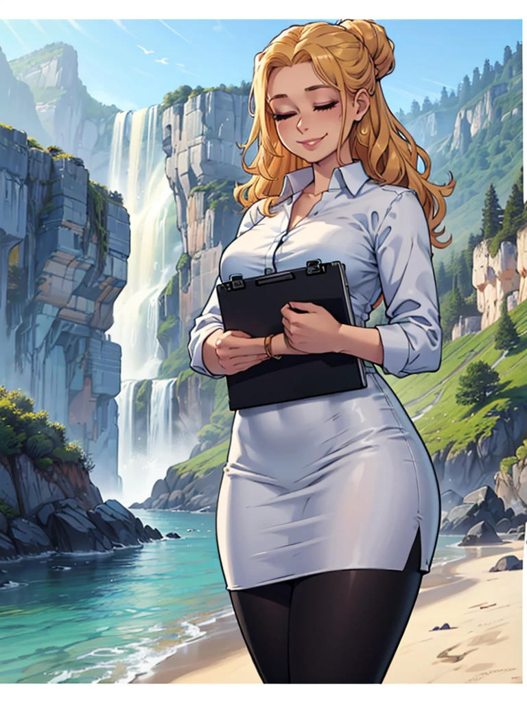 ((art by Kipteitei)), ((Masterpiece, best quality, perfect lighting, amazing shading)), (perfect anatomy, realistic proportions), field of depth, extremely beautiful, 1girl, (blond hair), long wavy hair, hair bun, closed eyes, pencil skirt, dress shirt, black tights, cute smile, ((holding notebook)), legs together, beach background with cliff and waterfall, detailed background, (cowboy shot), (((interesting pose)))