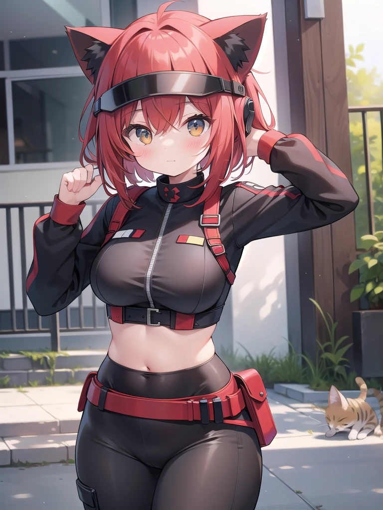 soldier,Helmet,girl,belly button,Big Breasts,Cat ear,Red and black clothes