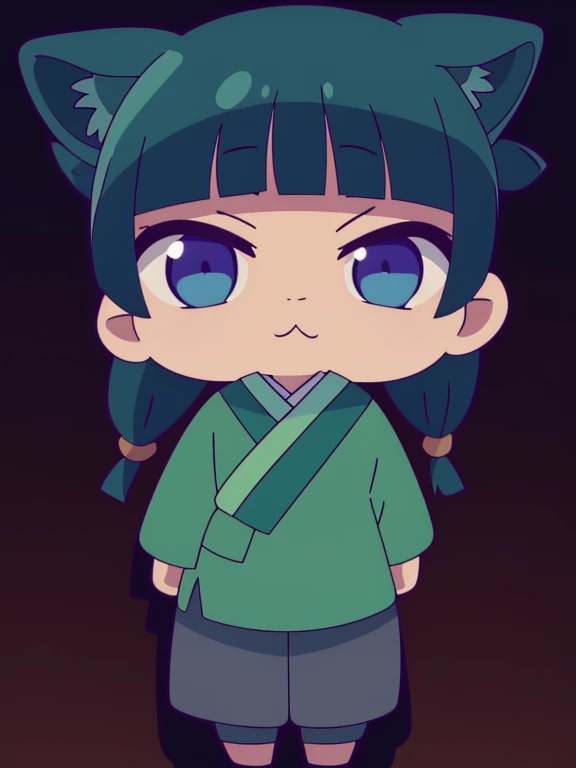 chibi, rejas de gato,pelusa de oreja de animal,:3,cola de gato,cat girl,modo kemonomimi, maomao,1 chica,flequillo contundente,pelo verde,pelo largo,blue eyes,solo, gonvverde,cerraduras laterales,trenzas gemelas,pelo sobre el hombro,cuentas para el cabello,medio recogido,single hair bun,Cinta para el pelo,cinta azul,pecas,hanfu,ropa japonesa verde,mangas largas,mangas anchas,falda morada,falda larga,zapatos,, exquisite images, High Definition,Obra maestra,mejor calidad,, 18 years,hembra joven,Hermosos dedos,Hermosas piernas largas,Cuerpo hermoso,hermosa nariz,Beautiful character design, ojos perfectos, perfect rostro,ojos expresivo