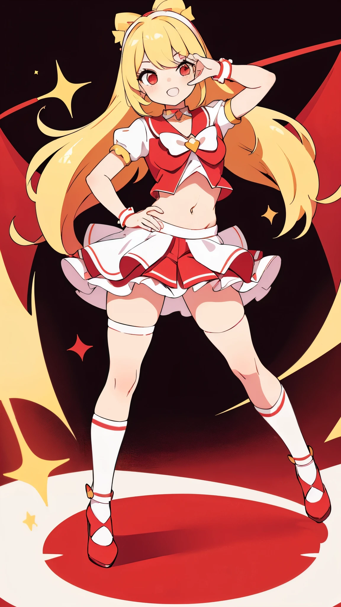 pop idol girl with a magical girl theme, blond hair, red eyes, her belly free idol outfit is colored red and white and made with an magical girl theme in mind, she is wearing matching thighigh socks and heels also made in a macical girl style