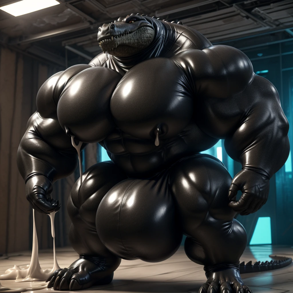 solo, male, , , ,  (hyper pecs:1.2), （long thick thighs:1.5）, standing, indoor,，(，,(,solo,very hyper muscles:1.3)((, Huge bulge：1.3))）（corruption)), black glowing liquid，（((liquid_latex, , rubber:1.2)，,black latex，goo transformation，(gooey)()(l），unreal engine,perfect light，detailed, photorealistic, 4k, hd, , , , good anatomy, , (), ,, high quality, best quality, concept art, photorealistic, Crocodile