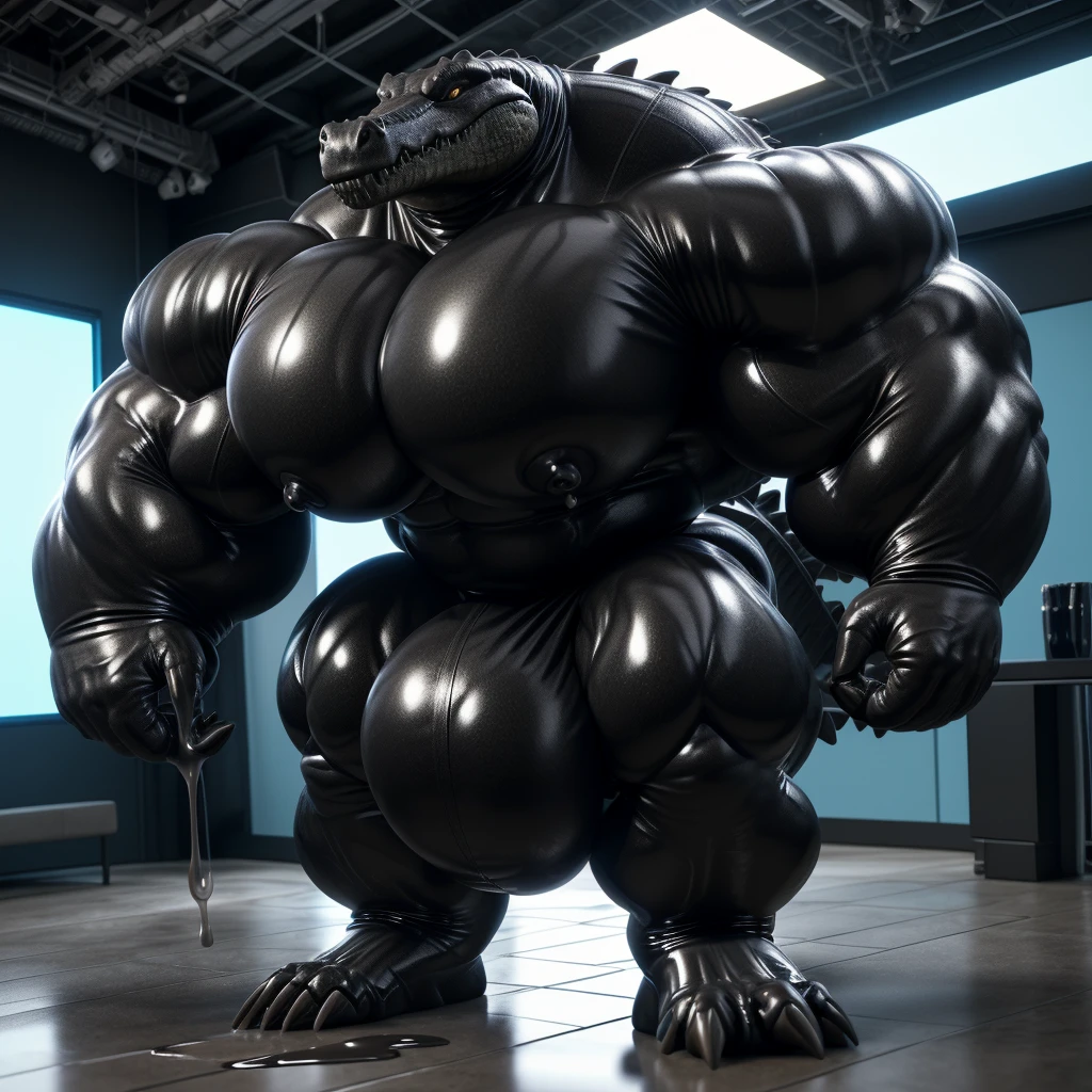 solo, male, , , , (hyper pecs:1.2), (long thick thighs:1.5), standing, indoor,,(,,(,solo,very hyper muscles:1.3)((, Huge bulge:1.3)))(corruption)), black glowing liquid,(((liquid_latex, , rubber:1.2),,black latex,goo transformation,(gooey)()(l),unreal engine,perfect light,detailed, photorealistic, 4k, hd, , , , good anatomy, , (), ,, high quality, best quality, concept art, photorealistic, Crocodile