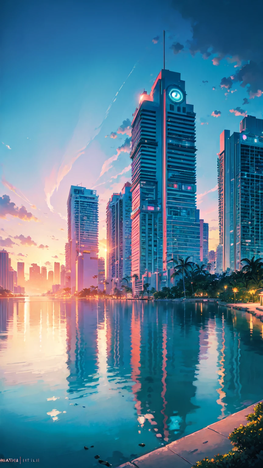 ((Studio Ghibli Style)); Tropical coastal cityscape, expansive water body, vibrant city skyline, Miami synthwave vibes, futuristic metropolis, flourishing urban landscape, Miami Beach at night, South Beach color palette, summer evening on a Miami beach, Vice City inspiration, twilight vista, stunning sunset cityscape