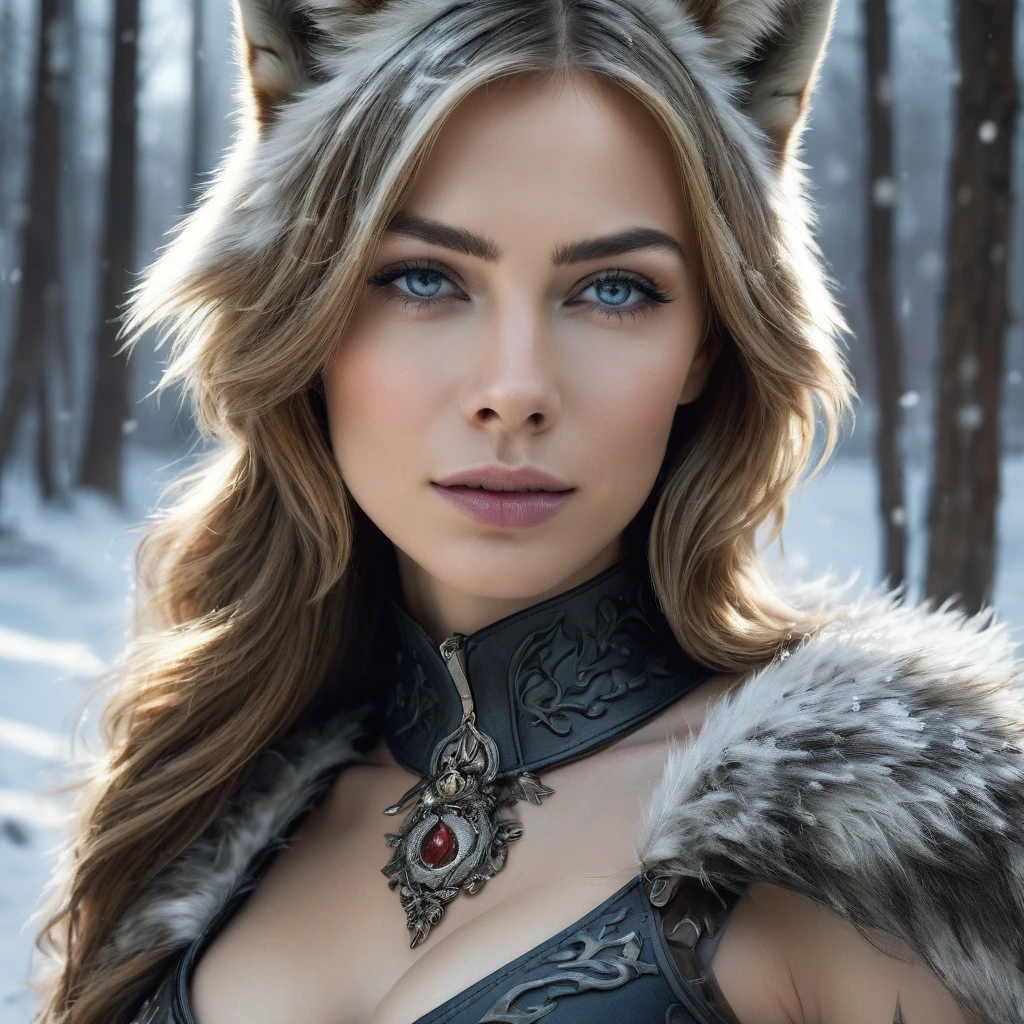 4k highly detailed realistic digital extremely high quality RAW photograph, a portrait photo of Nataliya Poklonskaya that lived with wolves her whole life is now leading them to battle. torn clothes exposing (nude:1.4) body, armored pauldrons, fangs, curled horns, big breasts, ((snow and blood)), ((wolf tattoos)), epic, hyperrealistic, hyperrealism, 8k, cinematic lighting, greg rutkowski, wlop, (f1.8 short focus bokeh)