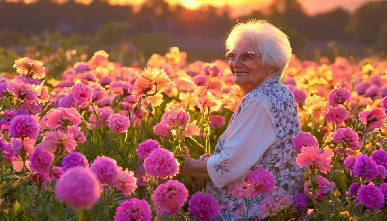 beautiful, flowers, sunset, happy grandma