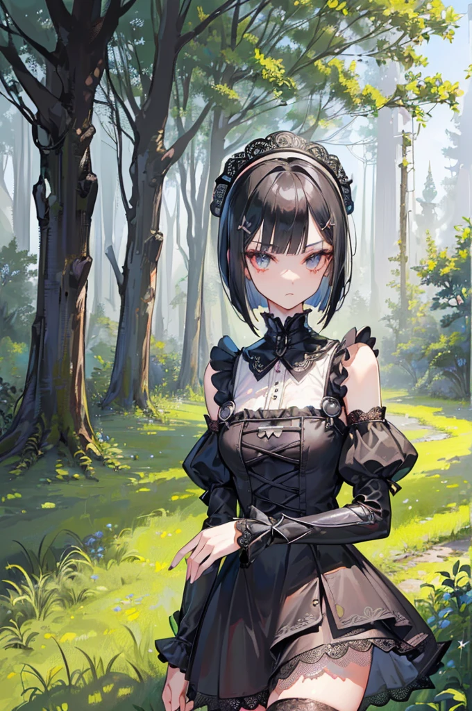(((Masterpiece, top quality, super detailed))), One female, (((Very Slender body))) , (((Long, thin legs))), (((short black bob, thick puffy bangs ))), (((very detailed face))), cosmetics-free, small thin nose, small thin-lipped mouth, (((very sharp focused eyes))), large slit precision pale grey eyes, sparkling like jewels, Long eyelashes, ((Very decorative intricate mechanical steampunk fashion, Lace Flared mini skirt, Lace stockings above the knee, Lace Off-shoulder ta fashion, Overly decorative fashion)), (((overall accuracy has improved dramatically, creating a super detailed and realistic image))), Super realistic photo,(((upper body))),((forest background)),city,night,the wood,(furious),