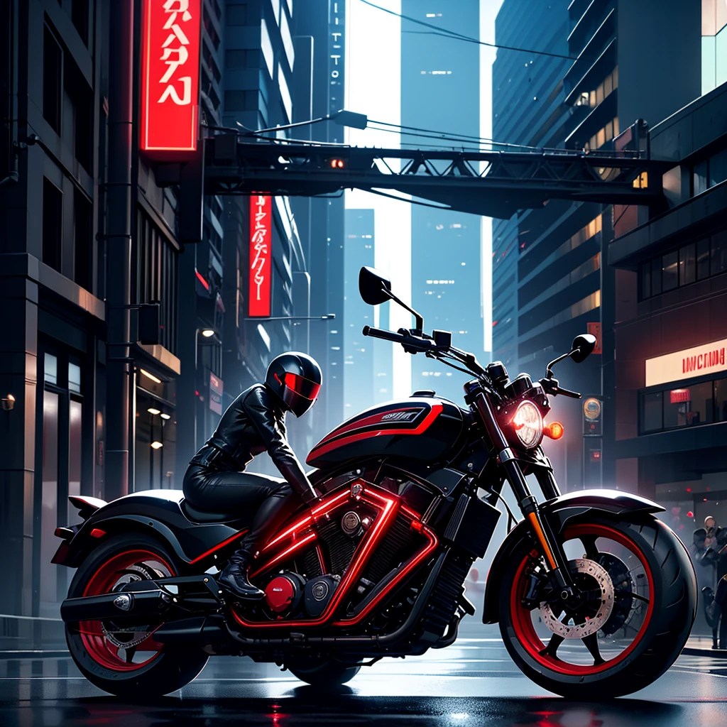 A black futuristic motorcycle with dark red decoration, en una ciudad llena de edificios futuristas