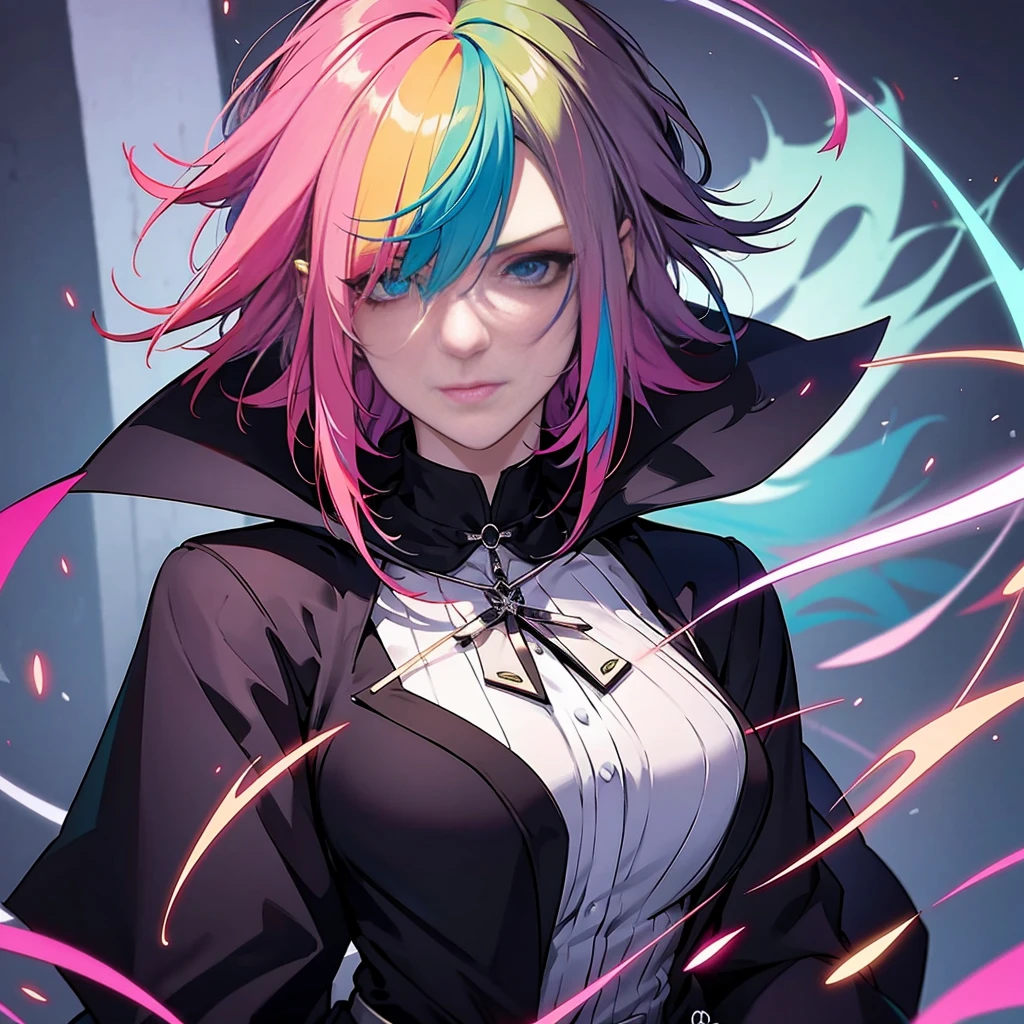 neon color hair,shaggy hair,auntie,witch,aepron, hair over both eye