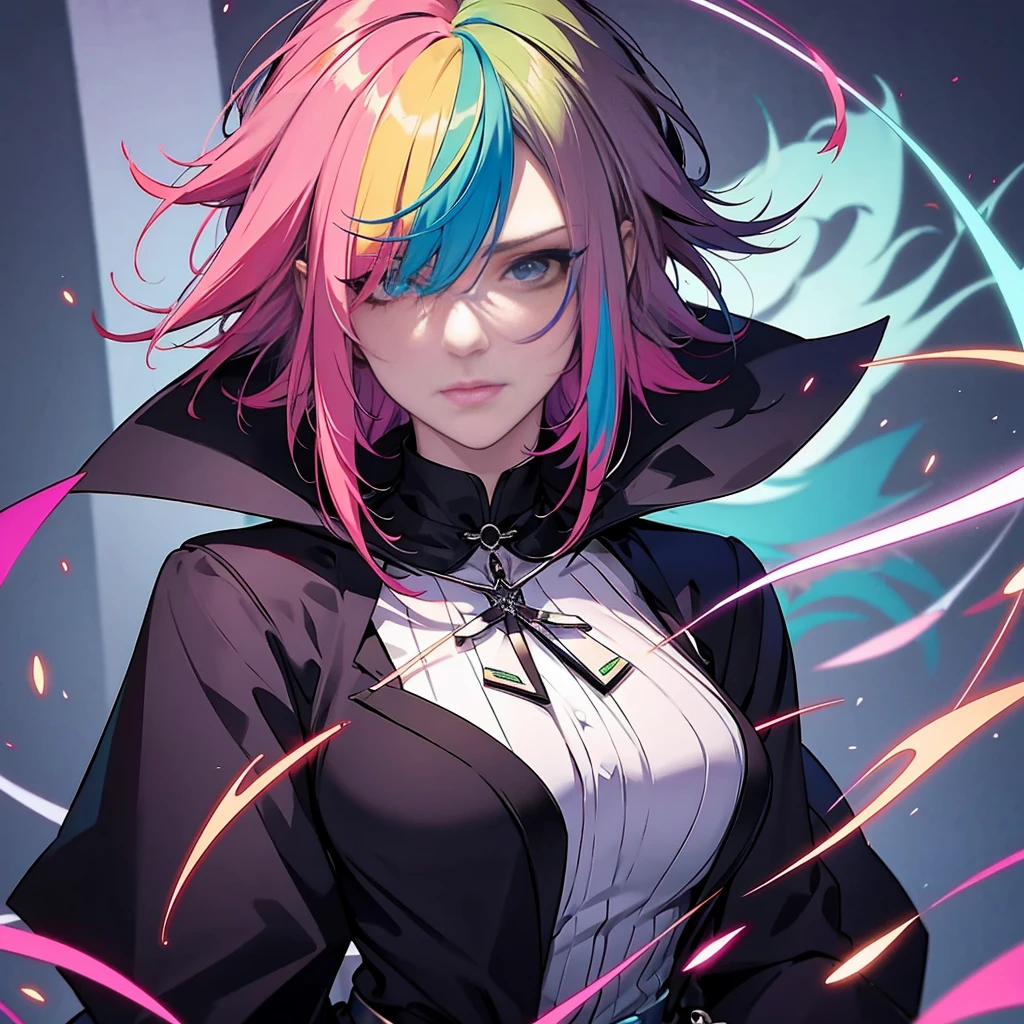 neon color hair,shaggy hair,auntie,witch,aepron, hair over both eye