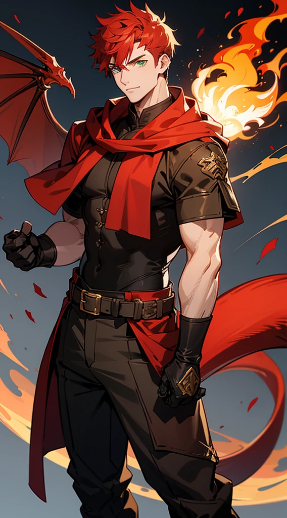 Handsome man, red hair, very short hair, ((crew cut: 1)), green eyes, fair skin, ((muscular: 1)), man, 28 years old, wearing a black hoodie, gold details, brown leather shawl, baggy pants gray boots, black and brown belts, black boots, brown gloves, lots of belts half-dragon half-human, transformation, fire, fire lord, red scales on some parts of the body, half-human, man with tail, man with red wings