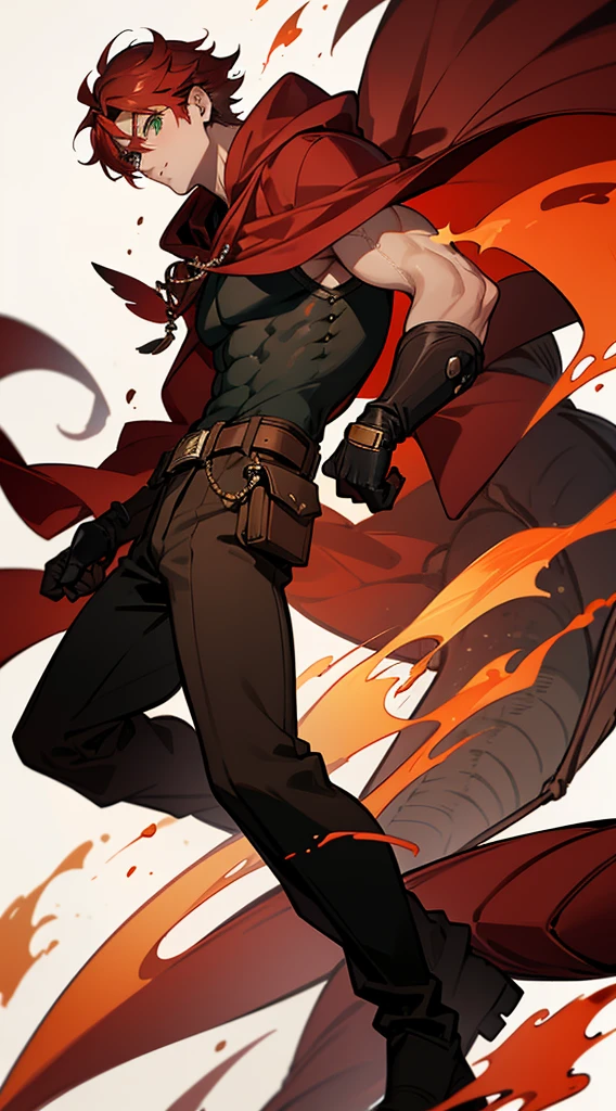 Handsome man, red hair, very short hair, ((crew cut: 1)), green eyes, fair skin, ((muscular: 1)), man, 28 years old, wearing a black hoodie, gold details, brown leather shawl, baggy pants gray boots, black and brown belts, black boots, brown gloves, lots of belts half-dragon half-human, transformation, fire, fire lord, red scales on some parts of the body, half-human, man with tail, man with red wings